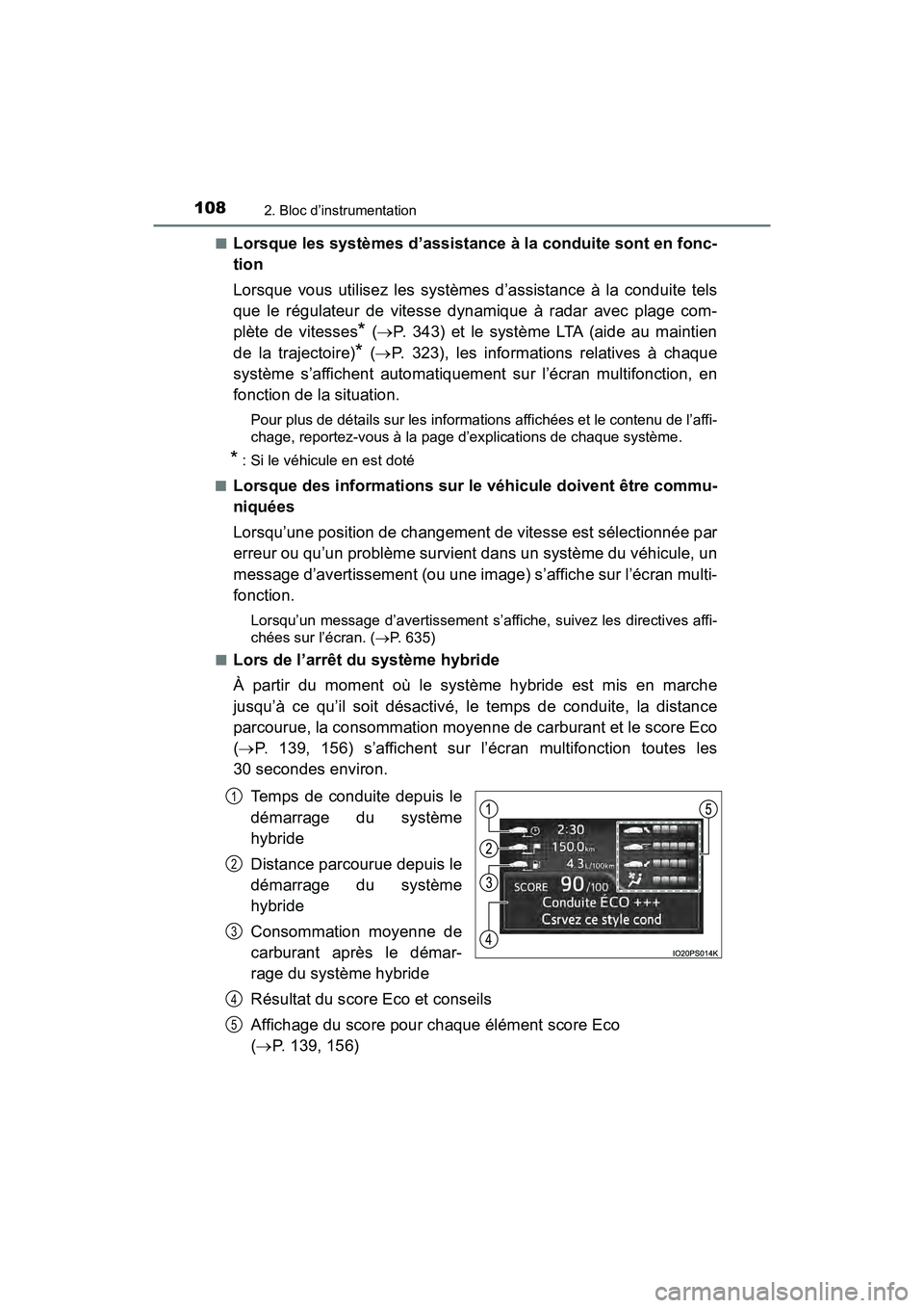 TOYOTA PRIUS 2021  Manuel du propriétaire (in French) 108
PRIUS_OM_OM47E09D_(D)
2. Bloc d’instrumentation
�QLorsque les systèmes d’assistance à la conduite sont en fonc-
tion
Lorsque  vous  utilisez  les  systèmes  d’assistance  à  la  conduite