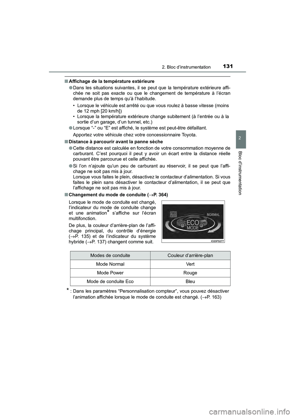 TOYOTA PRIUS 2021  Manuel du propriétaire (in French) PRIUS_OM_OM47E09D_(D)
1312. Bloc d’instrumentation
2
Bloc d’instrumentation
�QAffichage de la température extérieure
�ODans  les  situations  suivantes,  il  se  peut  que  la  température  ex 