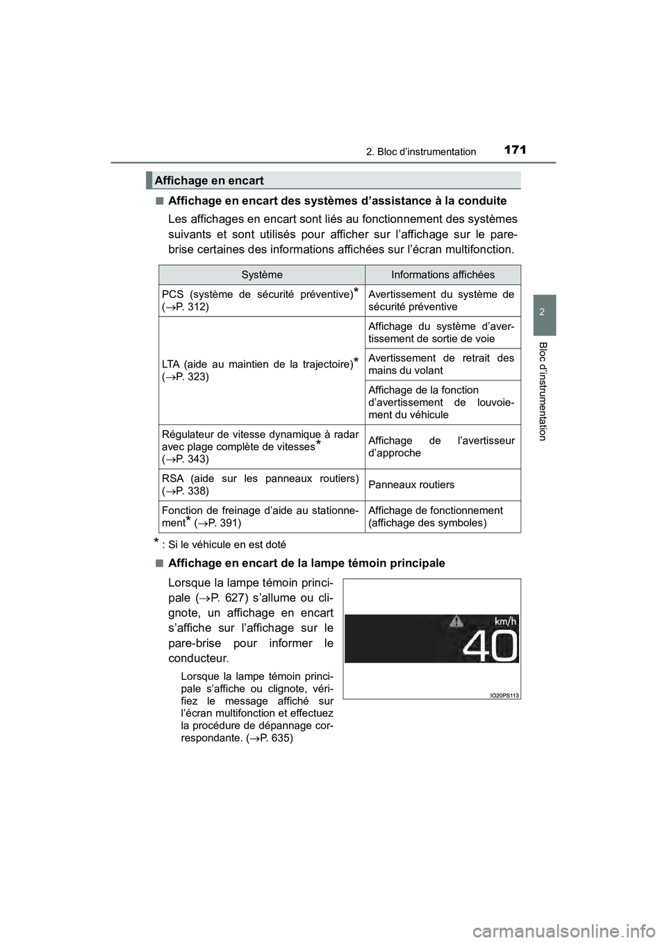 TOYOTA PRIUS 2021  Manuel du propriétaire (in French) PRIUS_OM_OM47E09D_(D)
1712. Bloc d’instrumentation
2
Bloc d’instrumentation
�QAffichage en encart des systèmes d’assistance à la conduite
Les affichages en encart sont liés au fonctionnement 