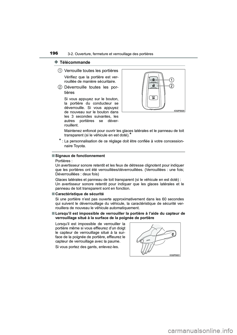 TOYOTA PRIUS 2021  Manuel du propriétaire (in French) 196
PRIUS_OM_OM47E09D_(D)
3-2. Ouverture, fermeture et verrouillage des portières
�XTélécommandeVerrouille toutes les portières
Vérifiez  que  la  portière  est  ver-
rouillée de manière sécu