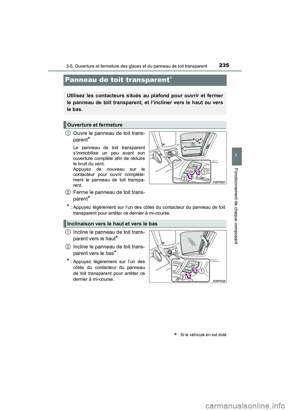 TOYOTA PRIUS 2021  Manuel du propriétaire (in French) 235
PRIUS_OM_OM47E09D_(D)
3-5. Ouverture et fermeture des glaces et du panneau de toit transparent
3
Fonctionnement de chaque composant
Panneau de toit transparent
Ouvre le panneau de toit trans-
p