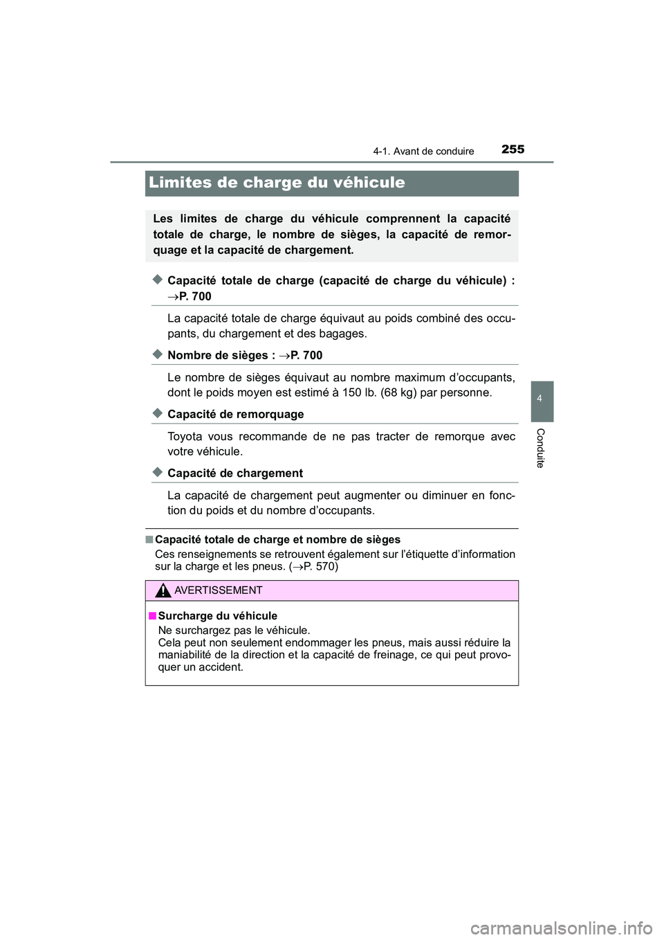 TOYOTA PRIUS 2021  Manuel du propriétaire (in French) 255
PRIUS_OM_OM47E09D_(D)
4-1. Avant de conduire
4
Conduite
Limites de charge du véhicule
�XCapacité  totale  de  charge  (capacité  de  charge  du  véhicule)  :
P.   7 0 0
La capacité totale 