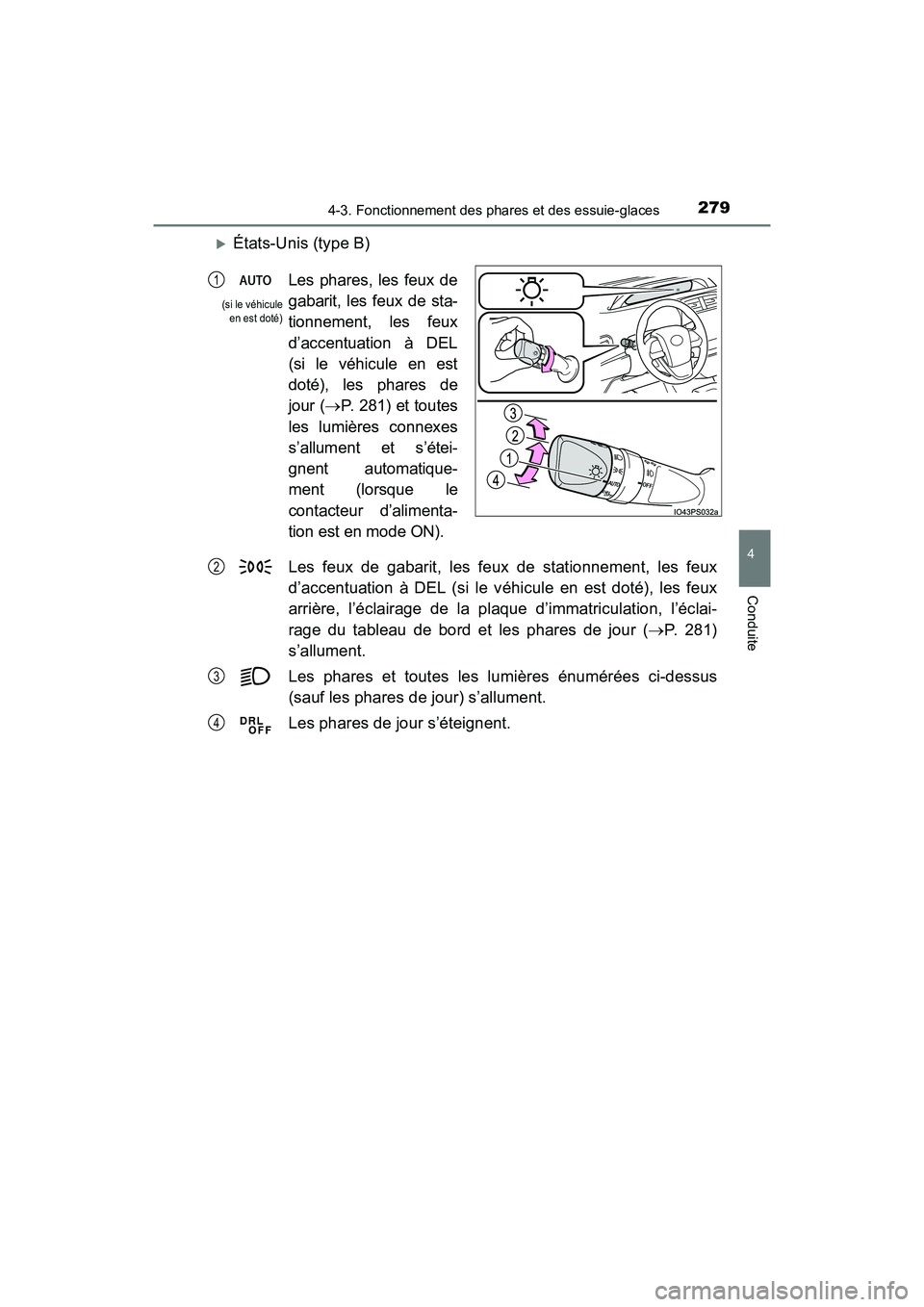 TOYOTA PRIUS 2021 Manuel du propriétaire (in French) PRIUS_OM_OM47E09D_(D)
2794-3. Fonctionnement des phares et des essuie-glaces
4
Conduite
États-Unis (type B)Les feux de gabarit, les feux de stationnement, les feux
d’accentuation à D TOYOTA PRIUS 2021 Manuel du propriétaire (in French) PRIUS_OM_OM47E09D_(D)
2794-3. Fonctionnement des phares et des essuie-glaces
4
Conduite
États-Unis (type B)Les feux de gabarit, les feux de stationnement, les feux
d’accentuation à D