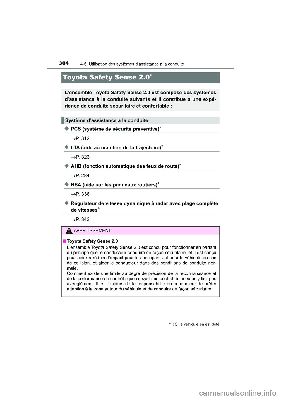TOYOTA PRIUS 2021  Manuel du propriétaire (in French) 304
PRIUS_OM_OM47E09D_(D)
4-5. Utilisation des systèmes d’assistance à la conduite
Toyota Safety Sense 2.0
�XPCS (système de sécurité préventive)
P.   3 1 2
�XLTA (aide au maintien de