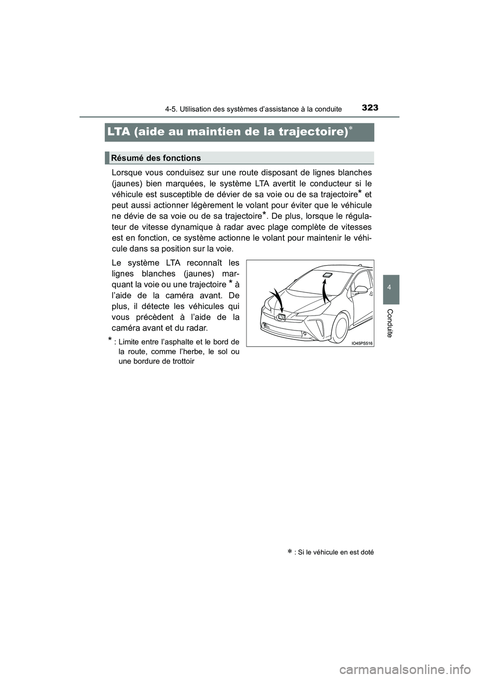 TOYOTA PRIUS 2021  Manuel du propriétaire (in French) 323
PRIUS_OM_OM47E09D_(D)
4-5. Utilisation des systèmes d’assistance à la conduite
4
Conduite
LTA (aide au maintien de la trajectoire)
Lorsque  vous  conduisez  sur  une  route  disposant  de  