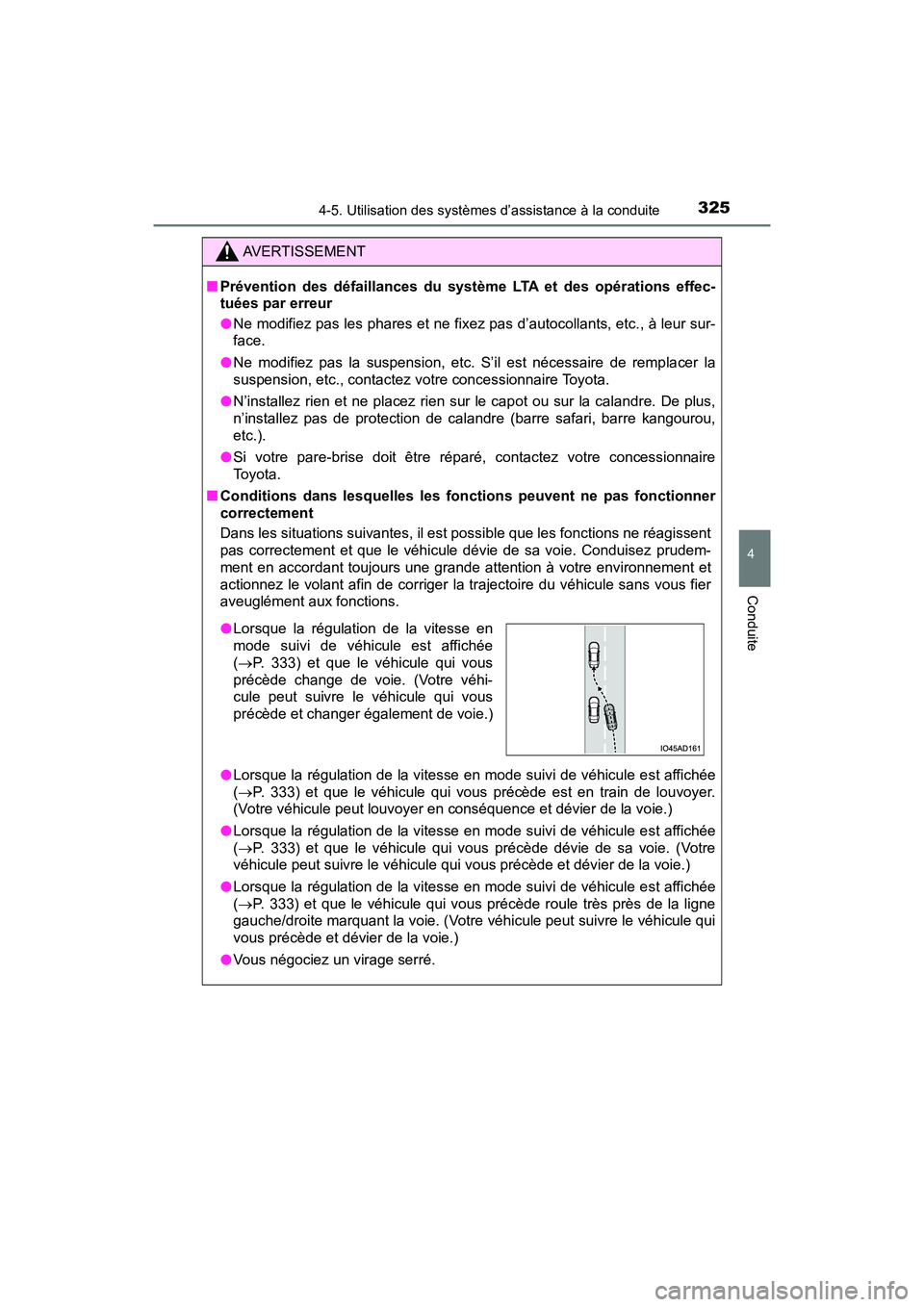 TOYOTA PRIUS 2021  Manuel du propriétaire (in French) PRIUS_OM_OM47E09D_(D)
3254-5. Utilisation des systèmes d’assistance à la conduite
4
Conduite
AVERTISSEMENT
�QPrévention  des  défaillances  du  système  LTA  et  des  opérations  ef fec-
tuée