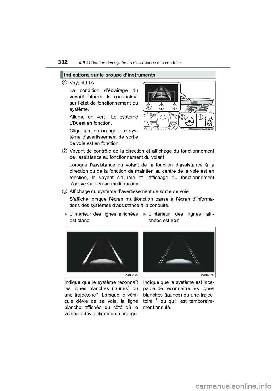 TOYOTA PRIUS 2021  Manuel du propriétaire (in French) 332
PRIUS_OM_OM47E09D_(D)
4-5. Utilisation des systèmes d’assistance à la conduite
Voy a nt  LTA
La  condition  d’éclairage  du
voyant  informe  le  conducteur
sur  l’état  de  fonctionnemen