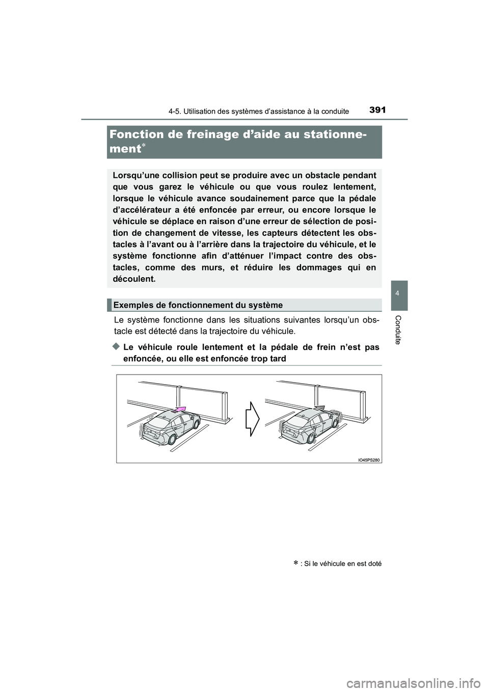 TOYOTA PRIUS 2021  Manuel du propriétaire (in French) 391
PRIUS_OM_OM47E09D_(D)
4-5. Utilisation des systèmes d’assistance à la conduite
4
Conduite
Fonction de freinage d’aide au stationne-
ment

Le  système  fonctionne  dans  les  situations  