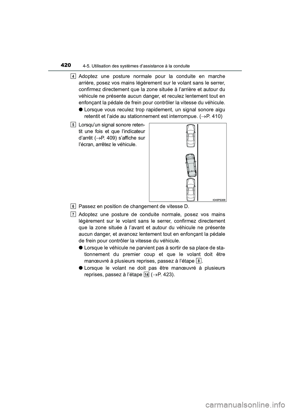 TOYOTA PRIUS 2021  Manuel du propriétaire (in French) 420
PRIUS_OM_OM47E09D_(D)
4-5. Utilisation des systèmes d’assistance à la conduite
Adoptez  une  posture  normale  pour  la  conduite  en  marche
arrière, posez vos mains légèrement sur le vola