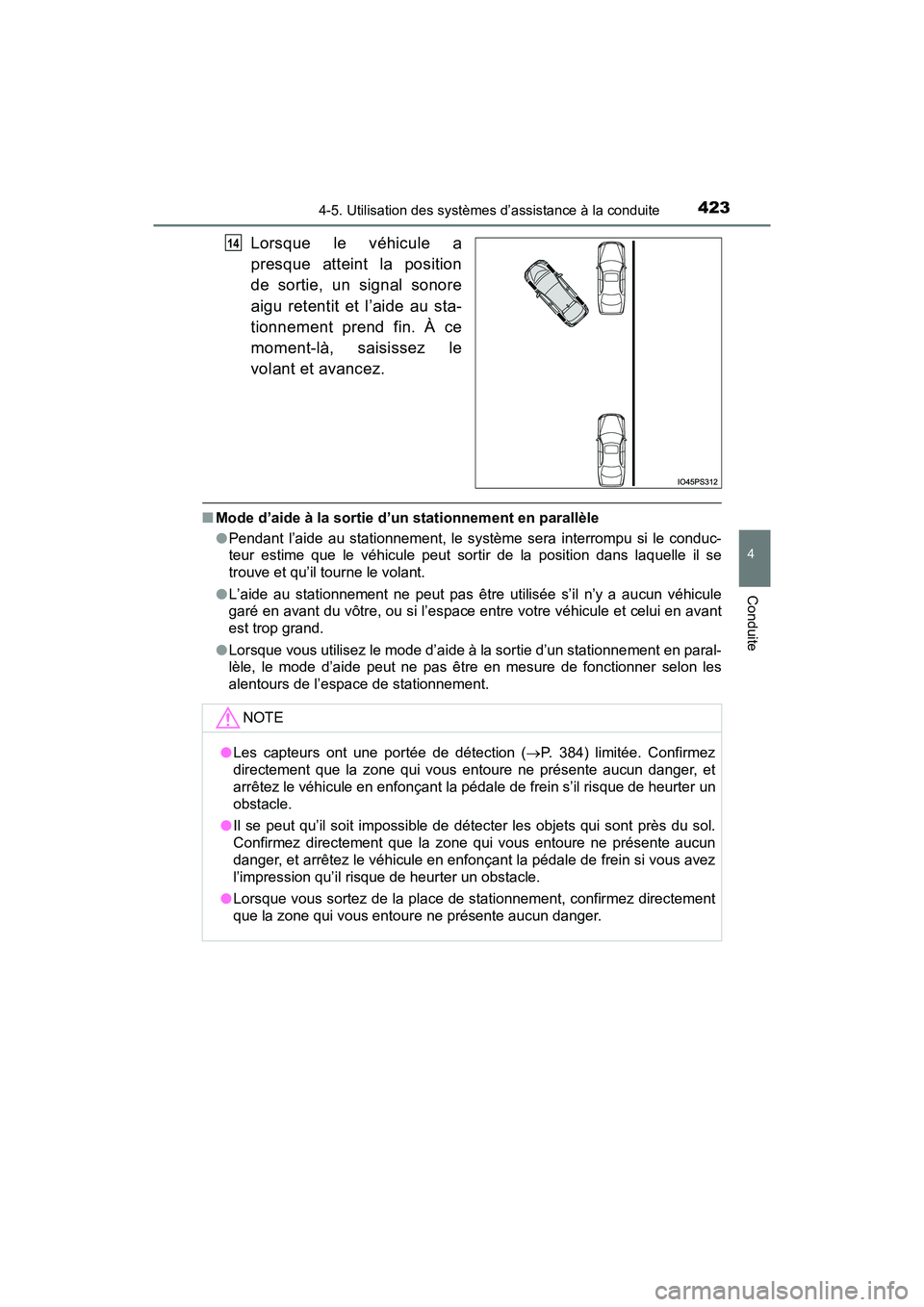 TOYOTA PRIUS 2021  Manuel du propriétaire (in French) PRIUS_OM_OM47E09D_(D)
4234-5. Utilisation des systèmes d’assistance à la conduite
4
Conduite
Lorsque  le  véhicule  a
presque  atteint  la  position
de  sortie,  un  signal  sonore
aigu  retentit