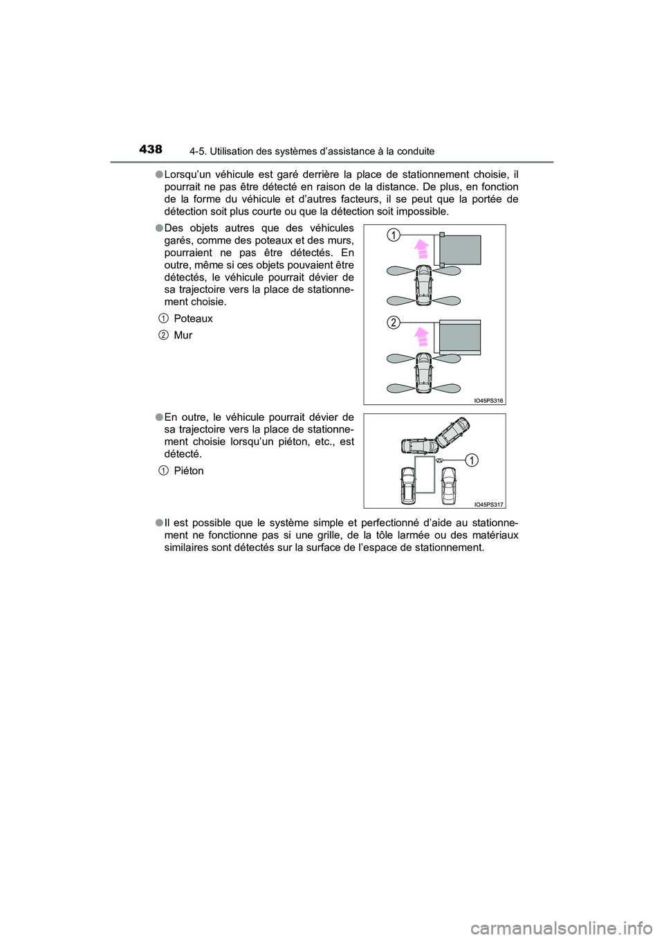 TOYOTA PRIUS 2021  Manuel du propriétaire (in French) 438
PRIUS_OM_OM47E09D_(D)
4-5. Utilisation des systèmes d’assistance à la conduite
�OLorsqu’un  véhicule  est  garé  derrière  la  place  de  stationnement  choisie,  il
pourrait  ne  pas  ê