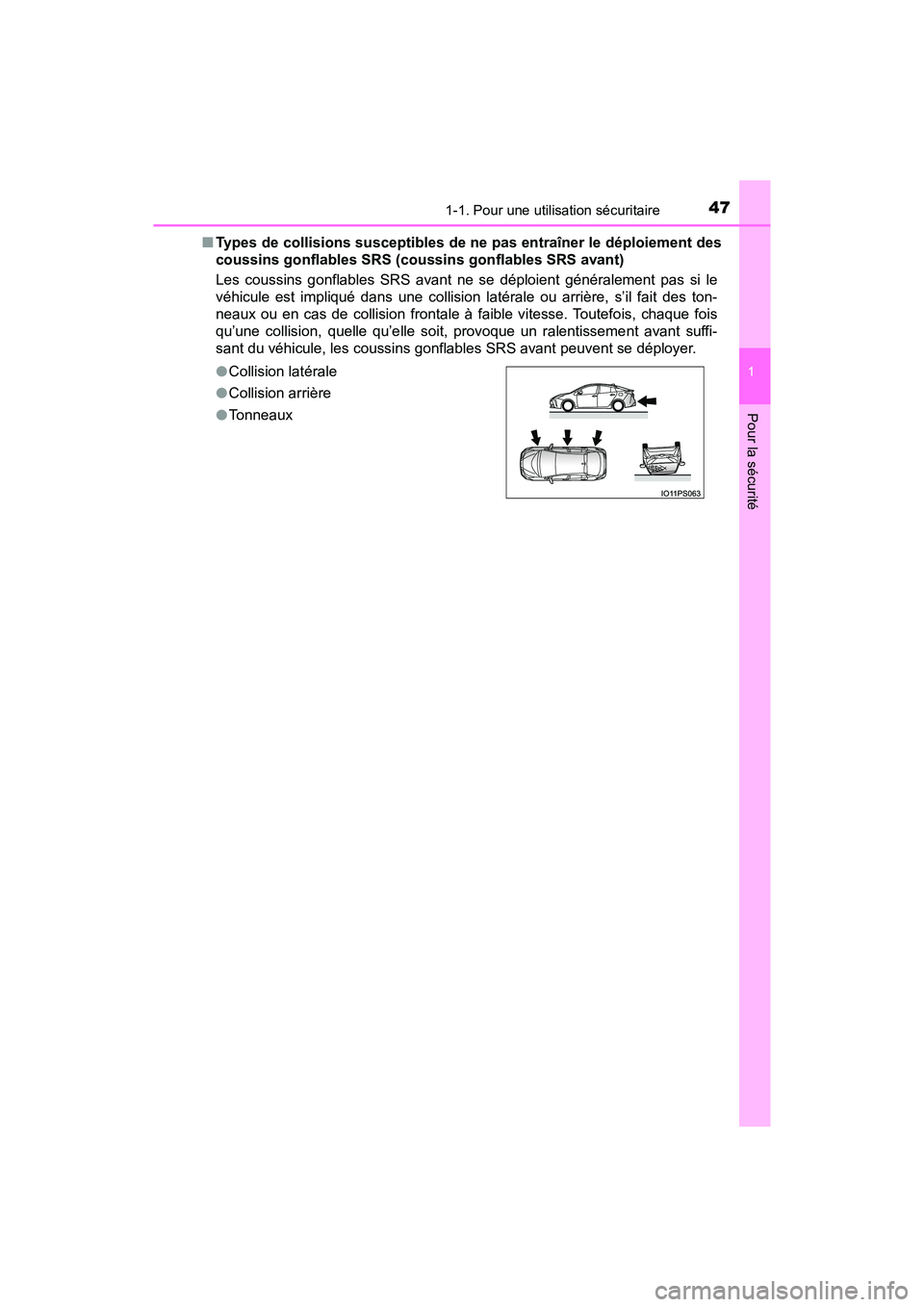 TOYOTA PRIUS 2021  Manuel du propriétaire (in French) 471-1. Pour une utilisation sécuritaire
PRIUS_OM_OM47E09D_(D)
1
Pour la sécurité
�QTypes de collisions susceptibles de ne pas entraîner le déploie ment des
coussins gonflables SRS (coussins gonfl