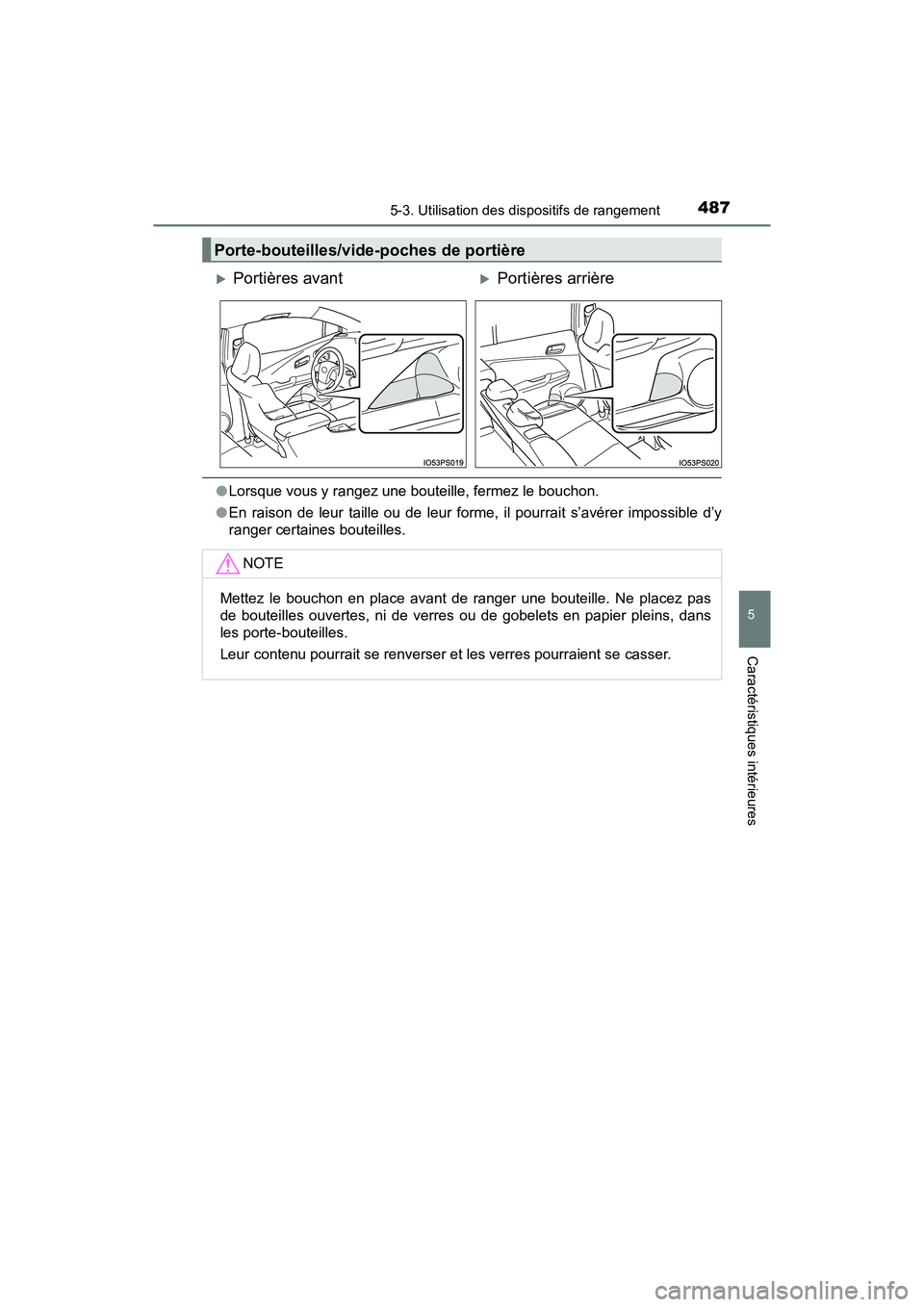 TOYOTA PRIUS 2021  Manuel du propriétaire (in French) PRIUS_OM_OM47E09D_(D)
4875-3. Utilisation des dispositifs de rangement
5
Caractéristiques intérieures
�OLorsque vous y rangez une bouteille, fermez le bouchon.
�O En  raison  de  leur  taille  ou  d