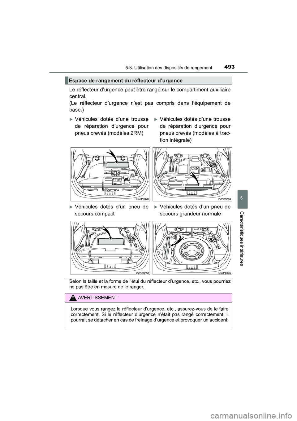 TOYOTA PRIUS 2021  Manuel du propriétaire (in French) PRIUS_OM_OM47E09D_(D)
4935-3. Utilisation des dispositifs de rangement
5
Caractéristiques intérieures
Le réflecteur d’urgence peut être rangé sur le compartiment auxiliaire
central. 
(Le  réfl
