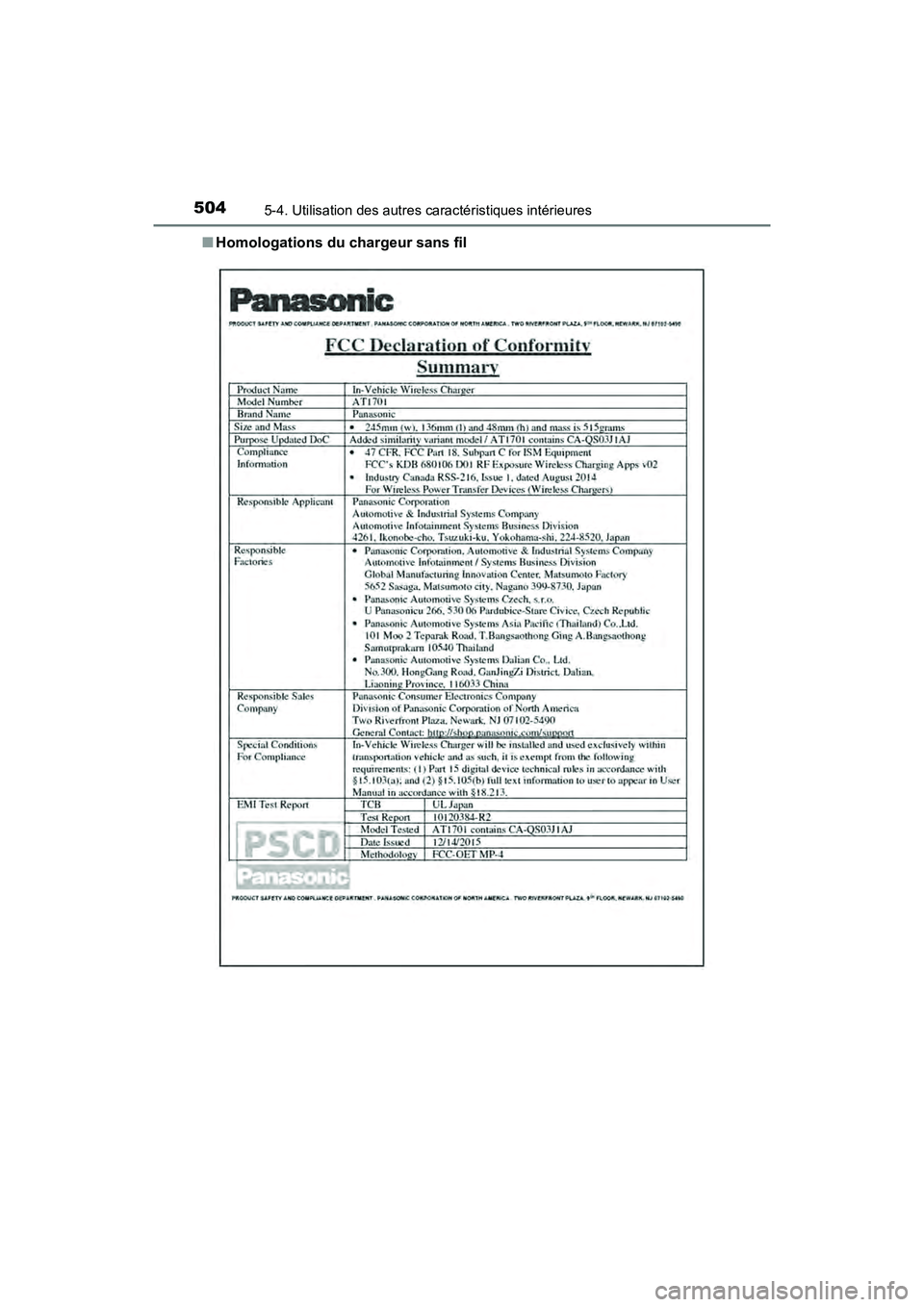 TOYOTA PRIUS 2021  Manuel du propriétaire (in French) 504
PRIUS_OM_OM47E09D_(D)
5-4. Utilisation des autres caractéristiques intérieures
�QHomologations du chargeur sans fil 
