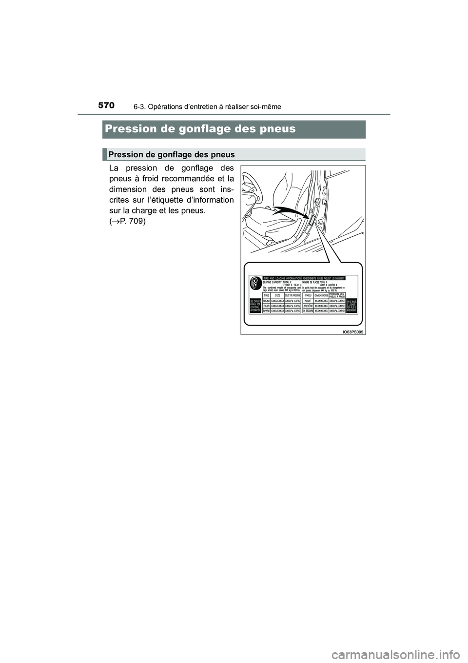 TOYOTA PRIUS 2021  Manuel du propriétaire (in French) 570
PRIUS_OM_OM47E09D_(D)
6-3. Opérations d’entretien à réaliser soi-même
Pression de gonflage des pneus
La  pression  de  gonflage  des
pneus  à  froid  recommandée  et  la
dimension  des  pn