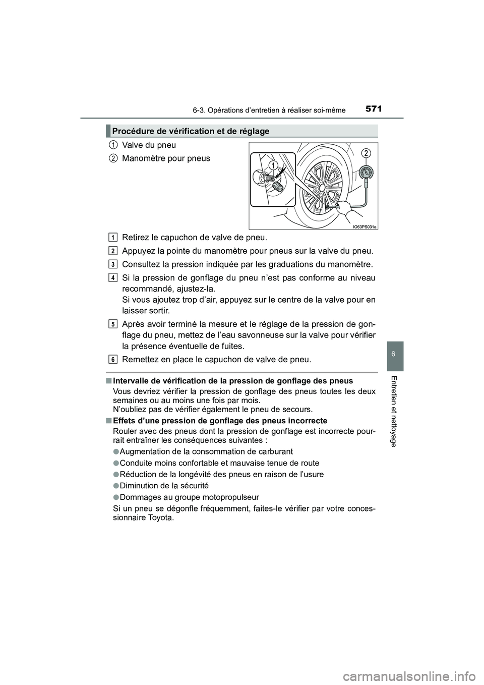 TOYOTA PRIUS 2021  Manuel du propriétaire (in French) PRIUS_OM_OM47E09D_(D)
5716-3. Opérations d’entretien à réaliser soi-même
6
Entretien et nettoyage
Valve du pneu
Manomètre pour pneus
Retirez le capuchon de valve de pneu.
Appuyez la pointe du m