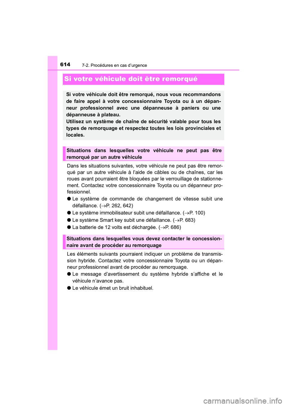 TOYOTA PRIUS 2021  Manuel du propriétaire (in French) 614
PRIUS_OM_OM47E09D_(D)
7-2. Procédures en cas d’urgence
Si votre véhicule doit être remorqué
Dans les situations suivantes, votre véhicule ne peut pas être remor-
qué  par  un  autre  véh