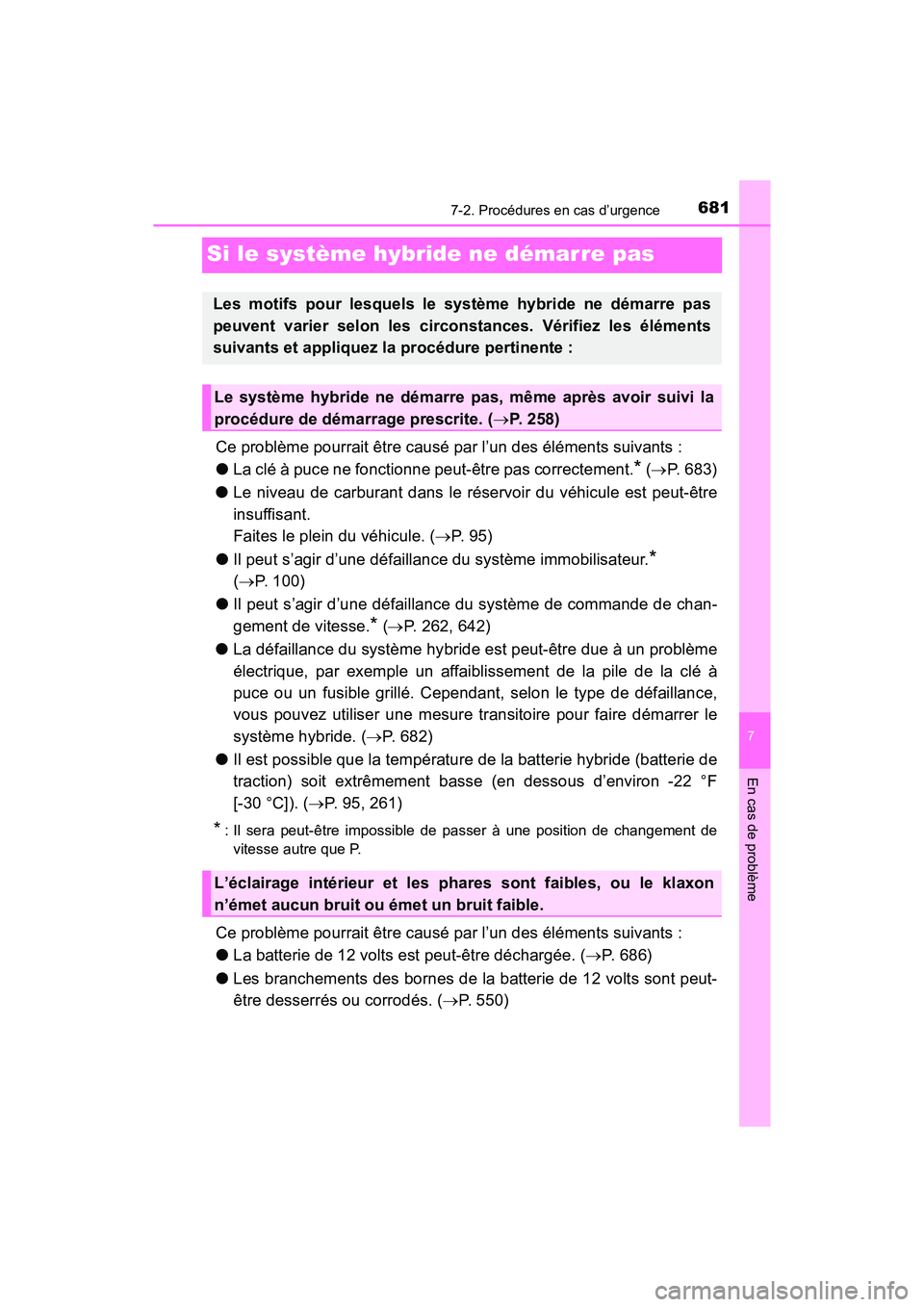 TOYOTA PRIUS 2021  Manuel du propriétaire (in French) 681
PRIUS_OM_OM47E09D_(D)
7-2. Procédures en cas d’urgence
7
En cas de problème
Si le système hybride ne démarre pas
Ce problème pourrait être causé par l’un des éléments suivants :
�O La