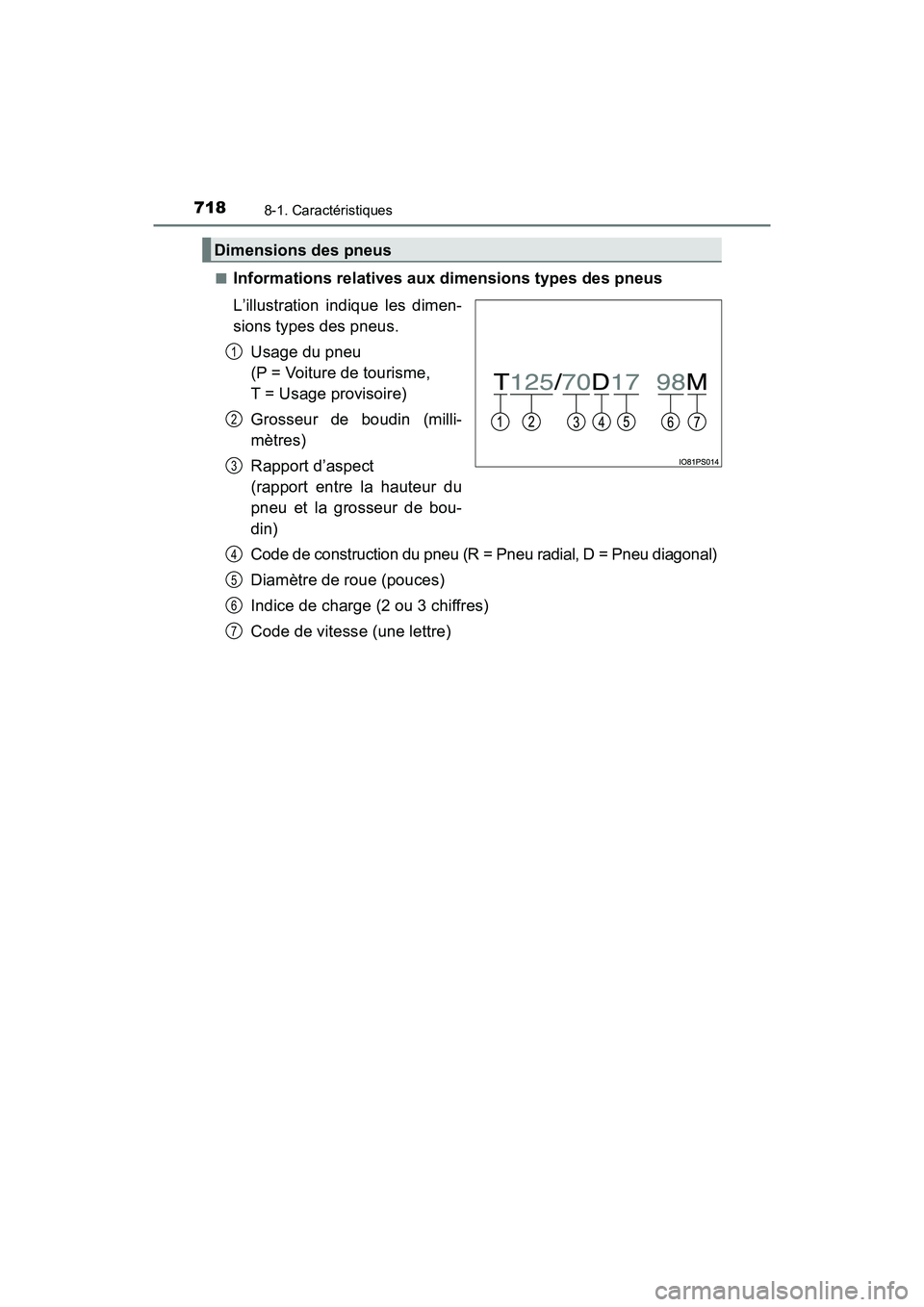 TOYOTA PRIUS 2021  Manuel du propriétaire (in French) 718
PRIUS_OM_OM47E09D_(D)
8-1. Caractéristiques
�QInformations relatives aux dimensions types des pneus
L’illustration  indique  les  dimen-
sions types des pneus.Usage du pneu 
(P = Voiture de tou