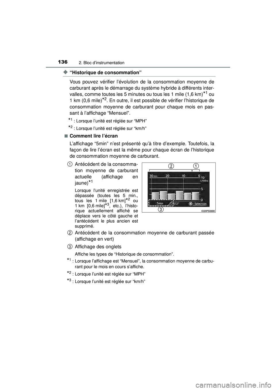TOYOTA PRIUS 2020  Manuel du propriétaire (in French) 136
PRIUS_OM_OM47D44D_(D)
2. Bloc d’instrumentation
◆“Historique de consommation”
Vous pouvez vérifier l’évolution de la consommation moyenne de
carburant après le démarrage du système 