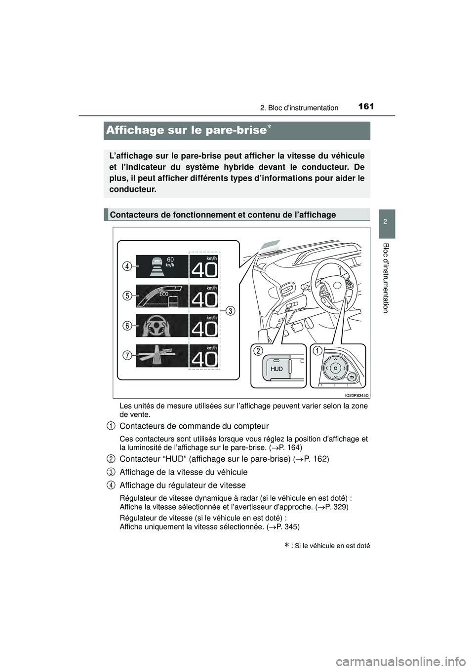TOYOTA PRIUS 2020 Manuel du propriétaire (in French) 161
PRIUS_OM_OM47D44D_(D)
2. Bloc d’instrumentation
2
Bloc d’instrumentation
Affichage sur le pare-brise
Les unités de mesure utilisées sur l’affichage peuvent varier selon la zone
de vente TOYOTA PRIUS 2020 Manuel du propriétaire (in French) 161
PRIUS_OM_OM47D44D_(D)
2. Bloc d’instrumentation
2
Bloc d’instrumentation
Affichage sur le pare-brise
Les unités de mesure utilisées sur l’affichage peuvent varier selon la zone
de vente