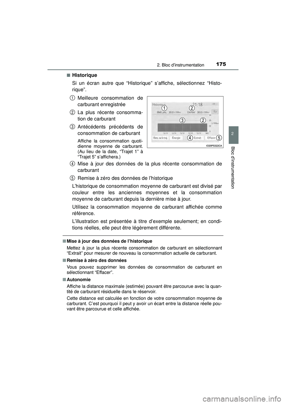 TOYOTA PRIUS 2020  Manuel du propriétaire (in French) PRIUS_OM_OM47D44D_(D)
1752. Bloc d’instrumentation
2
Bloc d’instrumentation
■Historique
Si un écran autre que “Historique” s’affiche, sélectionnez “Histo-
rique”.Meilleure consommati