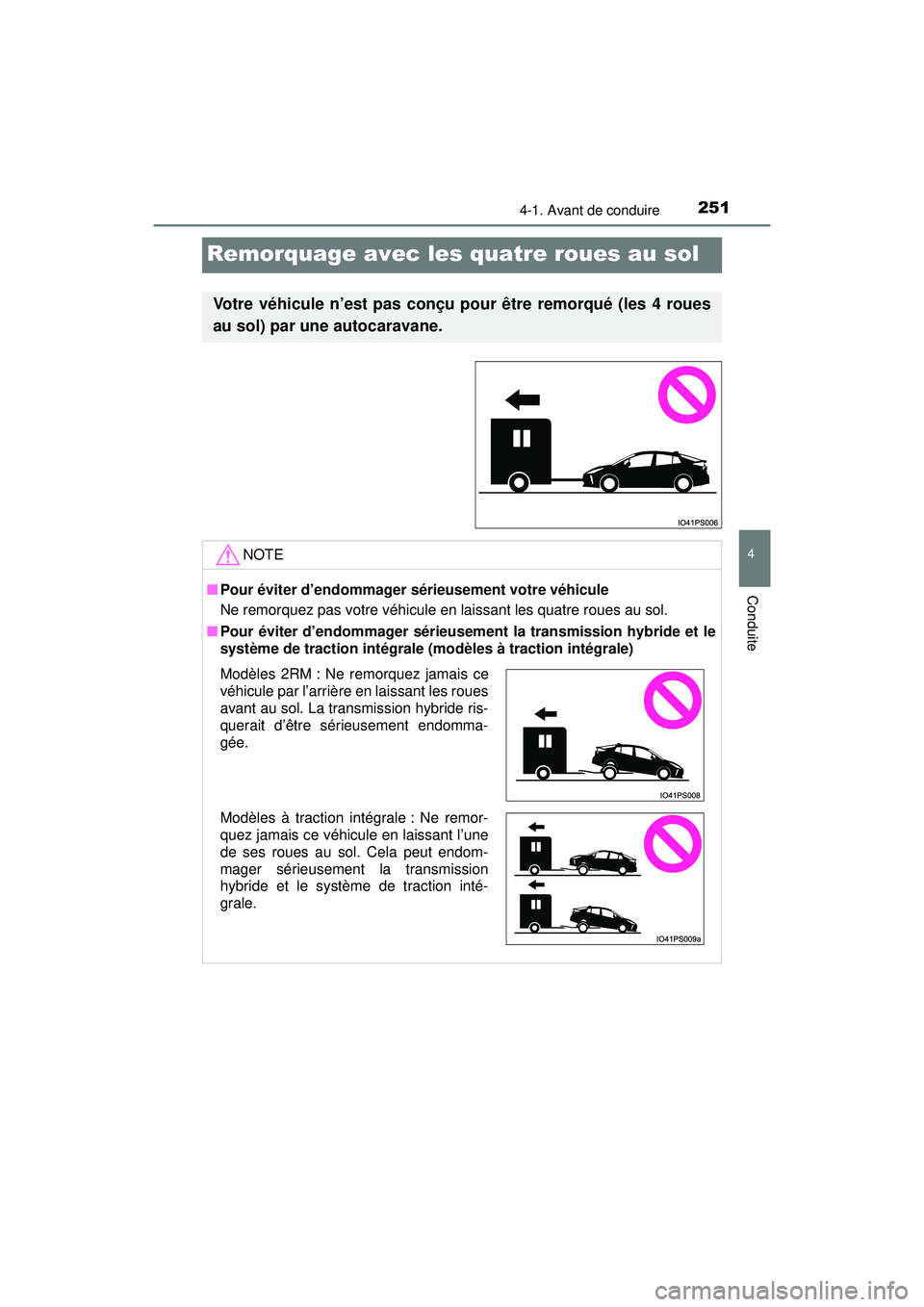 TOYOTA PRIUS 2020 Manuel du propriétaire (in French) 251
PRIUS_OM_OM47D44D_(D)
4-1. Avant de conduire
4
Conduite
Remorquage avec les quatre roues au sol
Votre véhicule n’est pas conçu pour être remorqué (les 4 roues
au sol) par une autocaravane.
TOYOTA PRIUS 2020 Manuel du propriétaire (in French) 251
PRIUS_OM_OM47D44D_(D)
4-1. Avant de conduire
4
Conduite
Remorquage avec les quatre roues au sol
Votre véhicule n’est pas conçu pour être remorqué (les 4 roues
au sol) par une autocaravane.