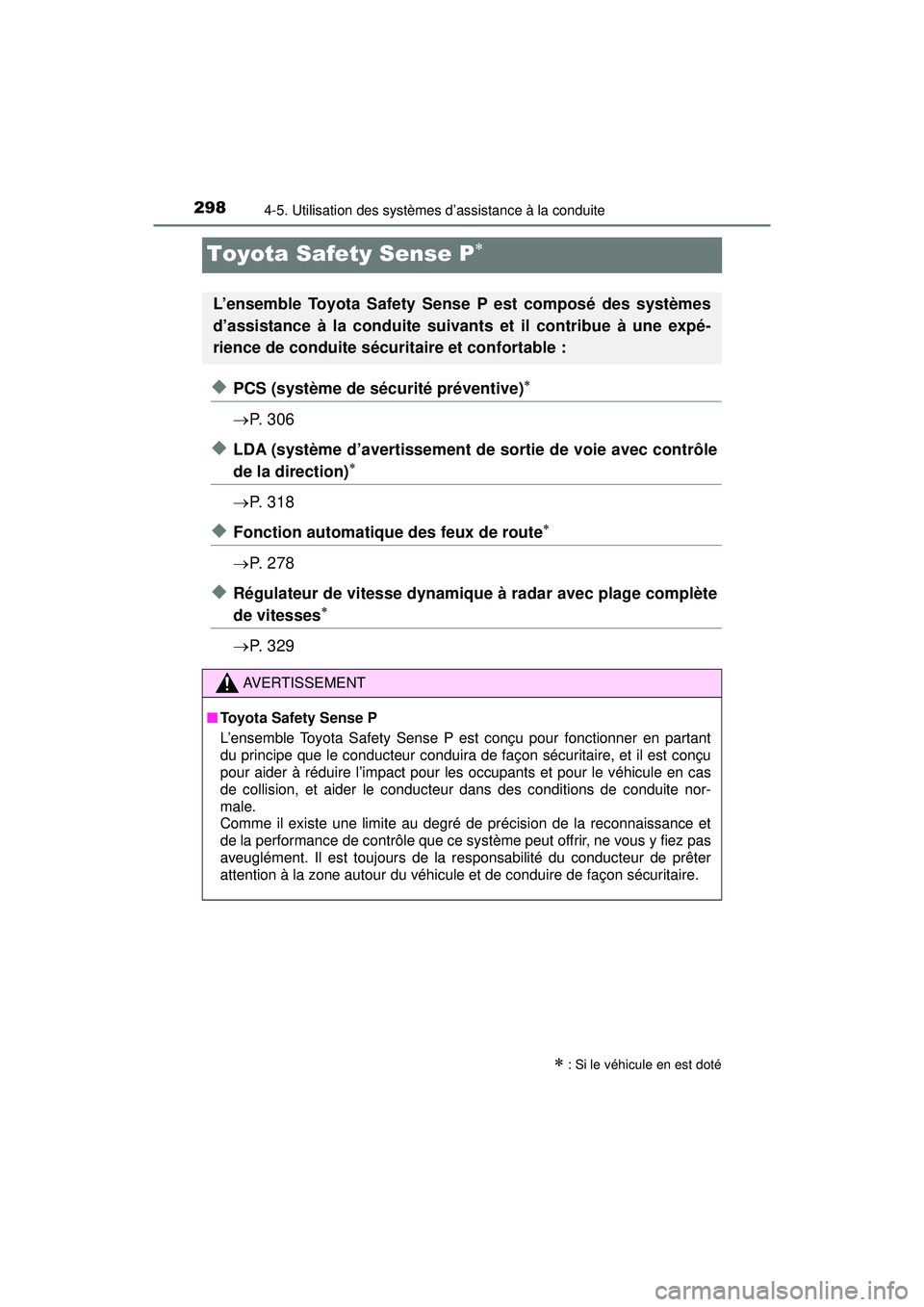 TOYOTA PRIUS 2020 Manuel du propriétaire (in French) 298
PRIUS_OM_OM47D44D_(D)
4-5. Utilisation des systèmes d’assistance à la conduite
Toyota Safety Sense P
◆PCS (système de sécurité préventive)
P. 3 0 6
◆LDA (système d’avertis TOYOTA PRIUS 2020 Manuel du propriétaire (in French) 298
PRIUS_OM_OM47D44D_(D)
4-5. Utilisation des systèmes d’assistance à la conduite
Toyota Safety Sense P
◆PCS (système de sécurité préventive)
P. 3 0 6
◆LDA (système d’avertis