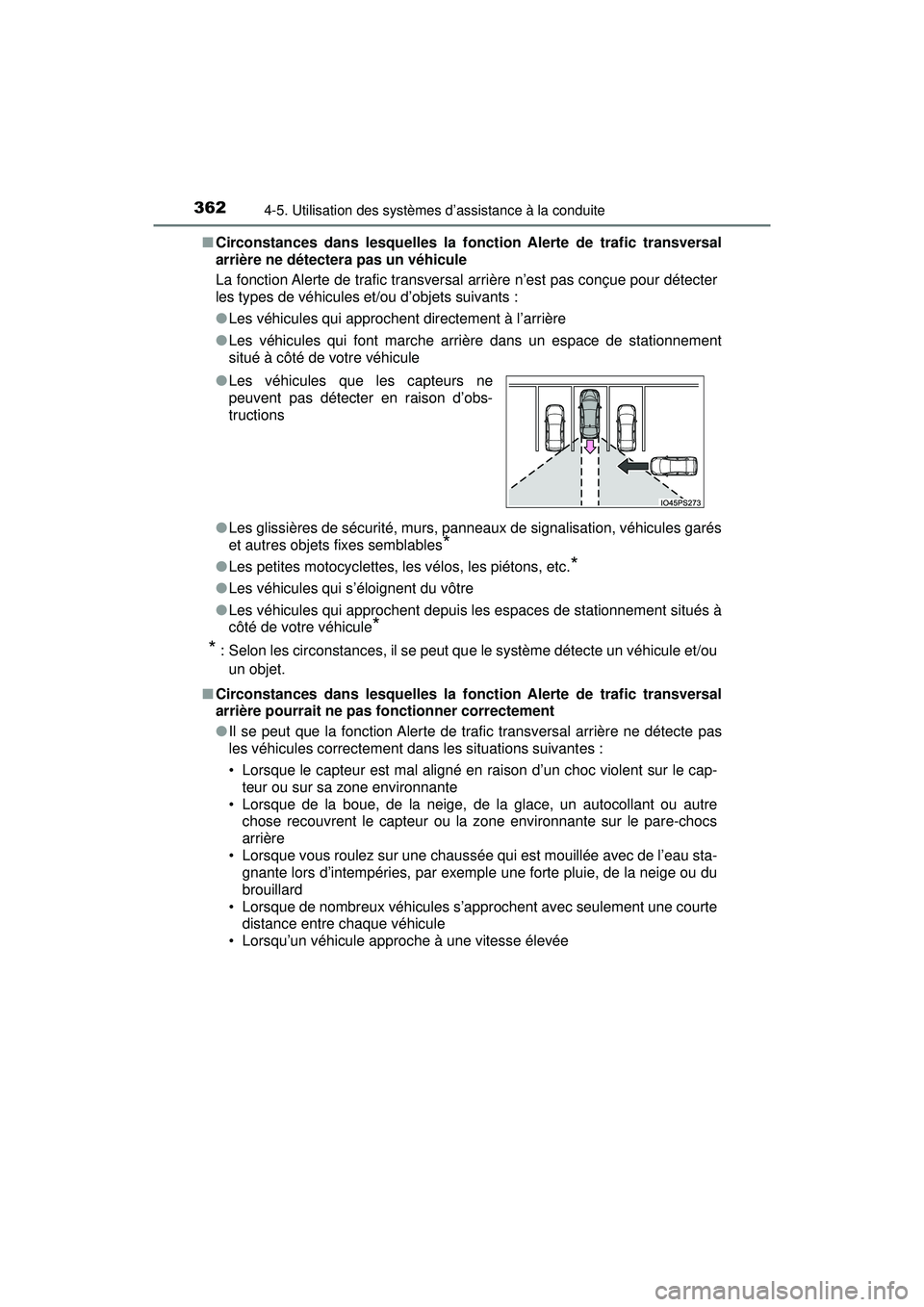 TOYOTA PRIUS 2020  Manuel du propriétaire (in French) 362
PRIUS_OM_OM47D44D_(D)
4-5. Utilisation des systèmes d’assistance à la conduite
■Circonstances dans lesquelles la fonction Alerte de trafic transversal
arrière ne détectera pas un véhicule