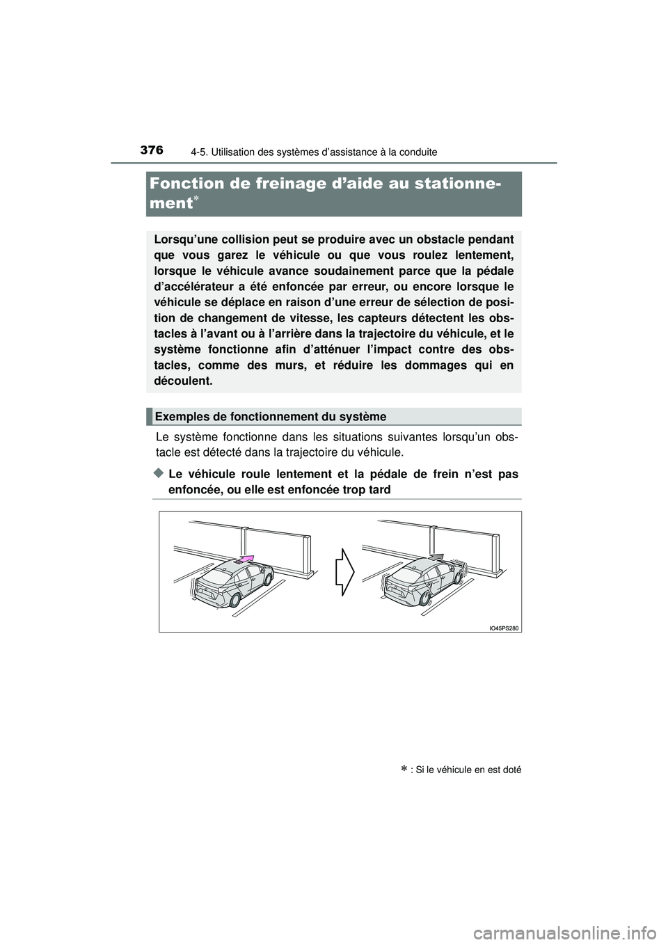 TOYOTA PRIUS 2020 Manuel du propriétaire (in French) 376
PRIUS_OM_OM47D44D_(D)
4-5. Utilisation des systèmes d’assistance à la conduite
Fonction de freinage d’aide au stationne-
ment
Le système fonctionne dans les situations suivantes lorsqu TOYOTA PRIUS 2020 Manuel du propriétaire (in French) 376
PRIUS_OM_OM47D44D_(D)
4-5. Utilisation des systèmes d’assistance à la conduite
Fonction de freinage d’aide au stationne-
ment
Le système fonctionne dans les situations suivantes lorsqu