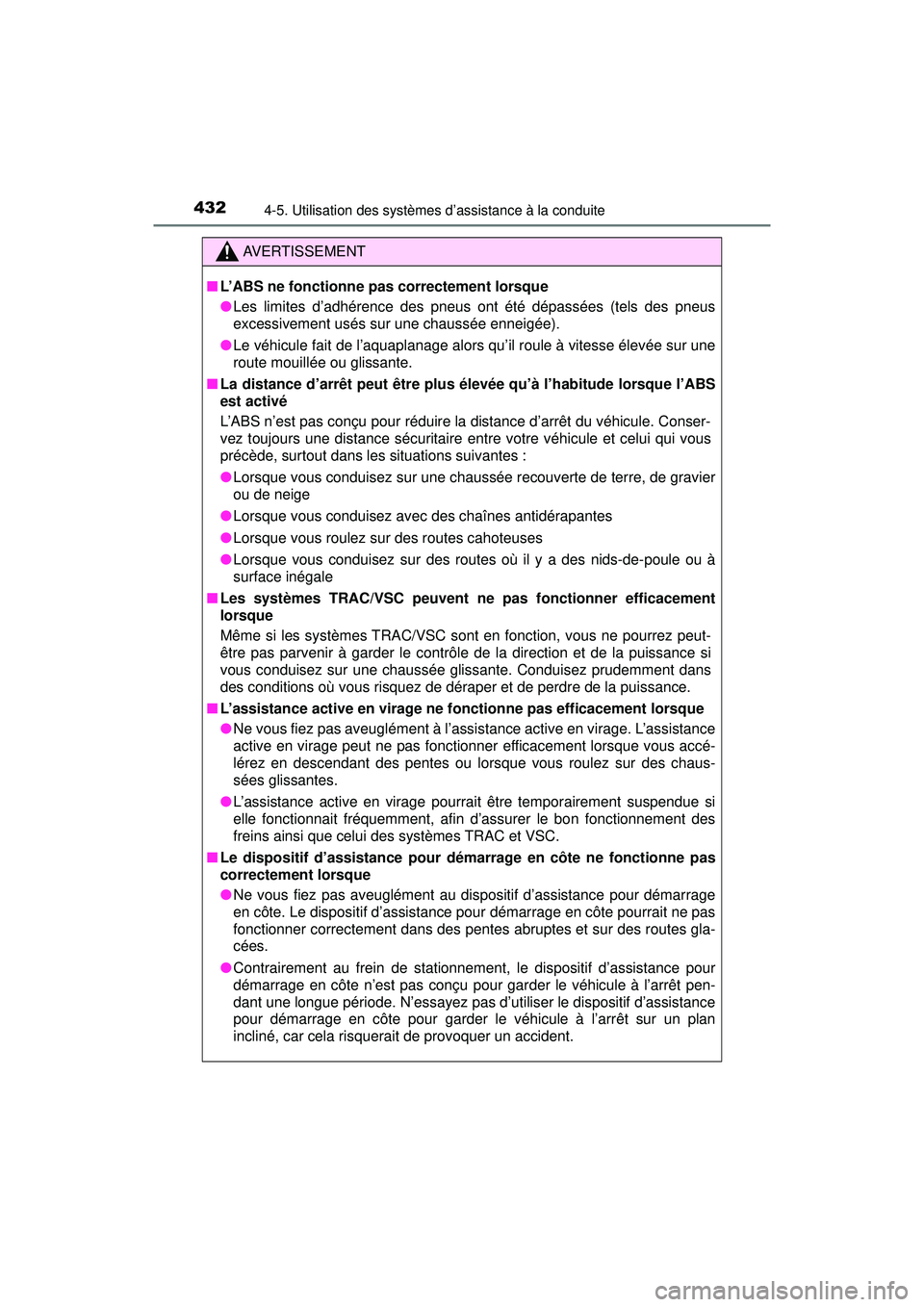 TOYOTA PRIUS 2020 Manuel du propriétaire (in French) 432
PRIUS_OM_OM47D44D_(D)
4-5. Utilisation des systèmes d’assistance à la conduite
AVERTISSEMENT
■L’ABS ne fonctionne pas correctement lorsque
●Les limites d’adhérence des pneus ont été TOYOTA PRIUS 2020 Manuel du propriétaire (in French) 432
PRIUS_OM_OM47D44D_(D)
4-5. Utilisation des systèmes d’assistance à la conduite
AVERTISSEMENT
■L’ABS ne fonctionne pas correctement lorsque
●Les limites d’adhérence des pneus ont été