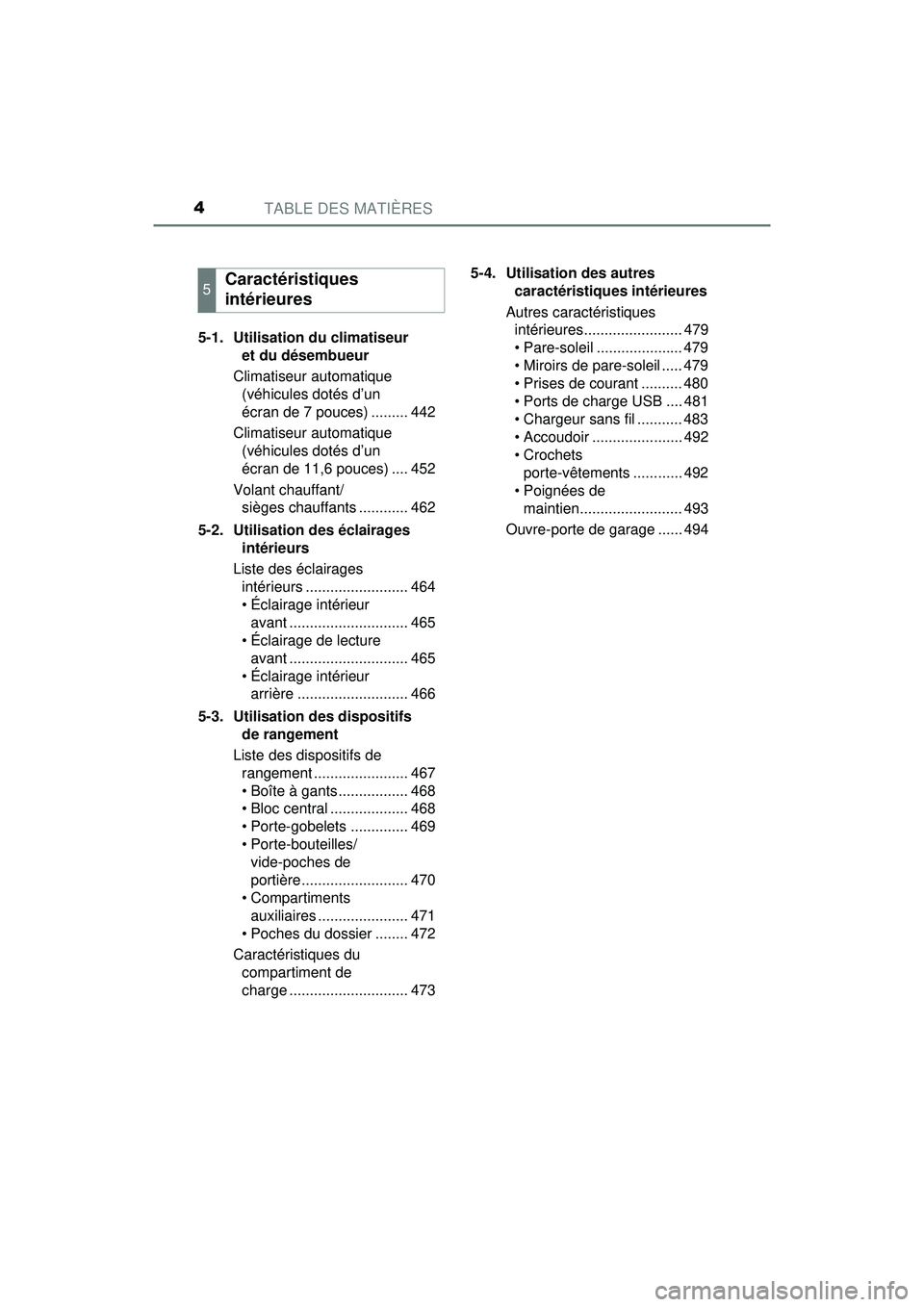 TOYOTA PRIUS 2020 Manuel du propriétaire (in French) TABLE DES MATIÈRES4
PRIUS_OM_OM47D44D_(D)5-1. Utilisation du climatiseur
et du désembueur
Climatiseur automatique (véhicules dotés d’un
écran de 7 pouces) ......... 442
Climatiseur automatiq TOYOTA PRIUS 2020 Manuel du propriétaire (in French) TABLE DES MATIÈRES4
PRIUS_OM_OM47D44D_(D)5-1. Utilisation du climatiseur
et du désembueur
Climatiseur automatique (véhicules dotés d’un
écran de 7 pouces) ......... 442
Climatiseur automatiq