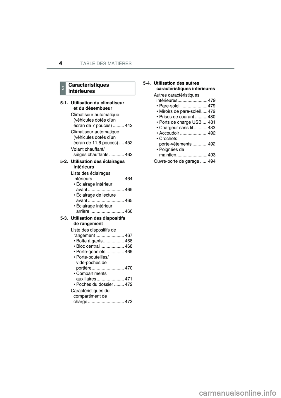 TOYOTA PRIUS 2020  Manuel du propriétaire (in French) TABLE DES MATIÈRES4
PRIUS_OM_OM47D44D_(D)5-1. Utilisation du climatiseur 
et du désembueur
Climatiseur automatique  (véhicules dotés d’un 
écran de 7 pouces) ......... 442
Climatiseur automatiq