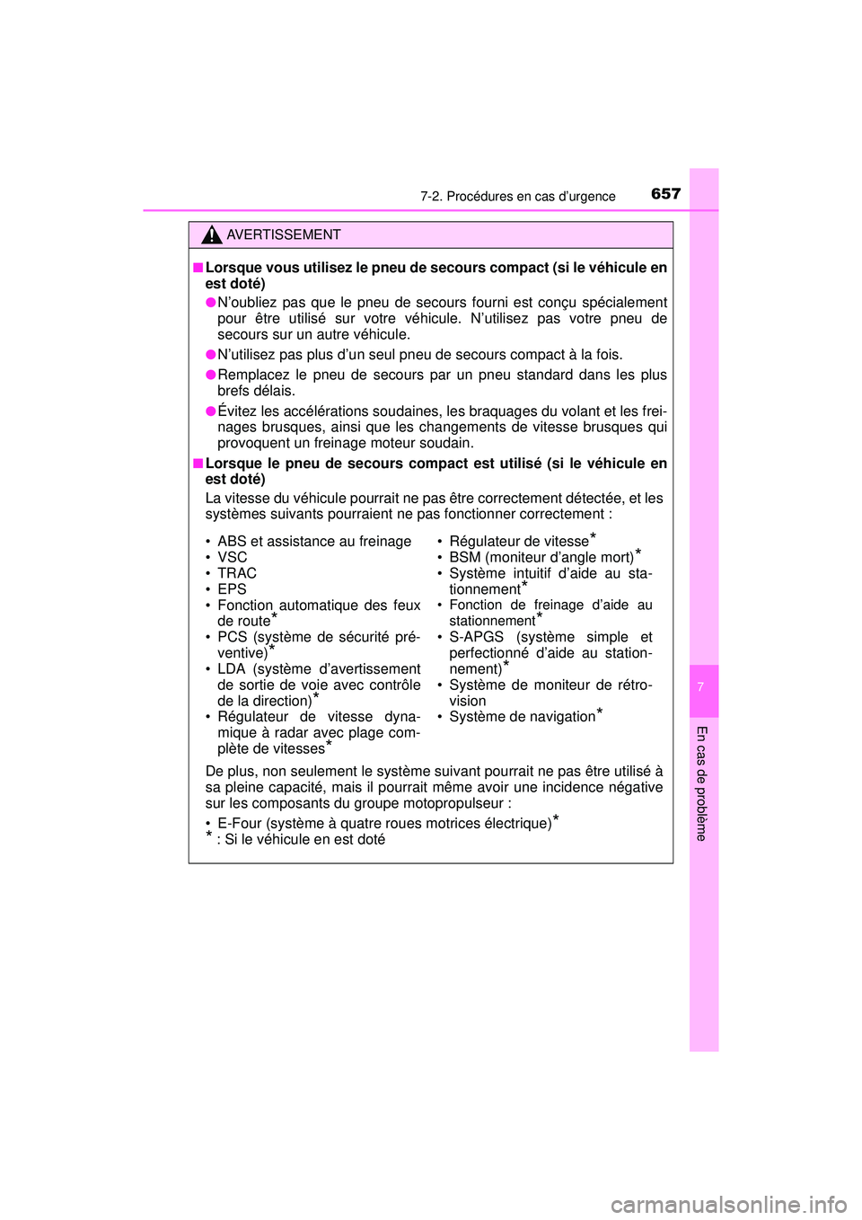 TOYOTA PRIUS 2020  Manuel du propriétaire (in French) 6577-2. Procédures en cas d’urgence
PRIUS_OM_OM47D44D_(D)
7
En cas de problème
AVERTISSEMENT
■Lorsque vous utilisez le pneu de secours compact (si le véhicule en
est doté)
●N’oubliez pas q