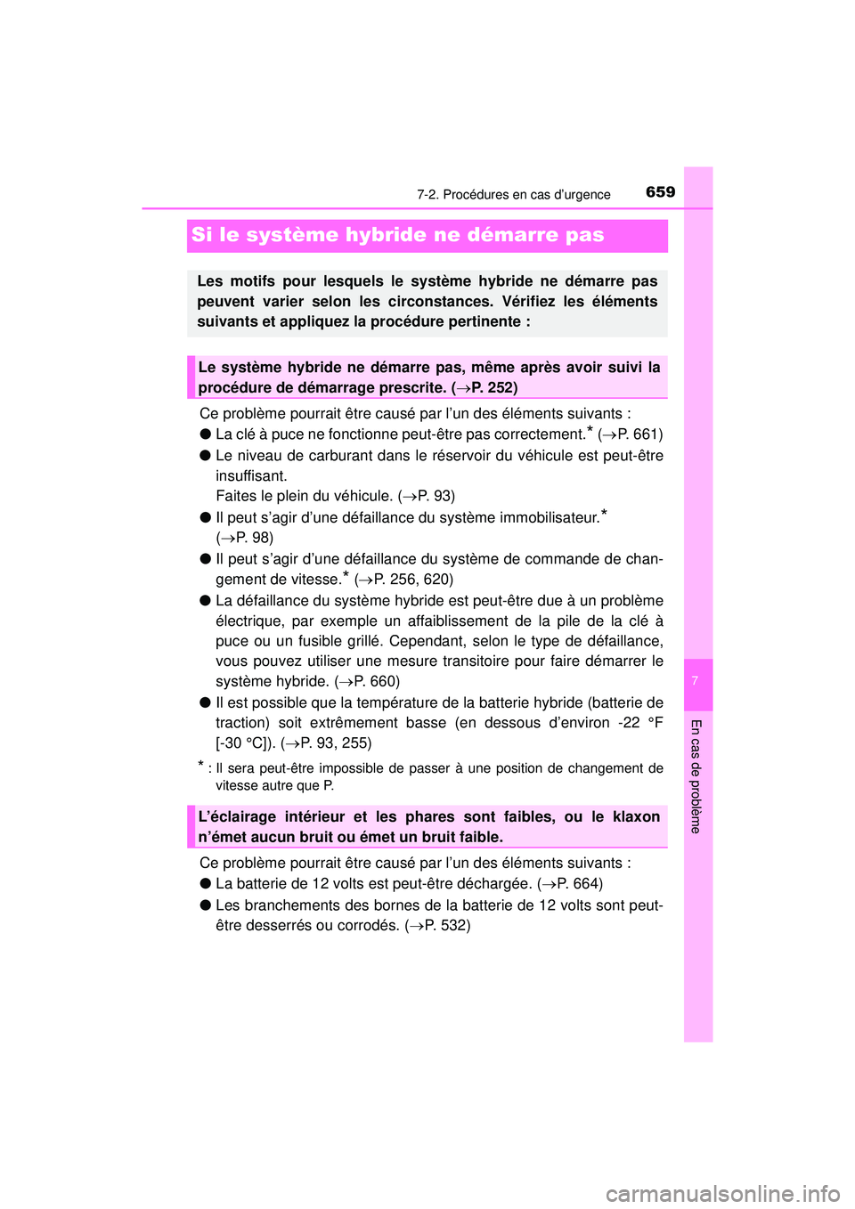TOYOTA PRIUS 2020  Manuel du propriétaire (in French) 659
PRIUS_OM_OM47D44D_(D)
7-2. Procédures en cas d’urgence
7
En cas de problème
Si le système hybride ne démarre pas
Ce problème pourrait être causé par l’un des éléments suivants :
●La