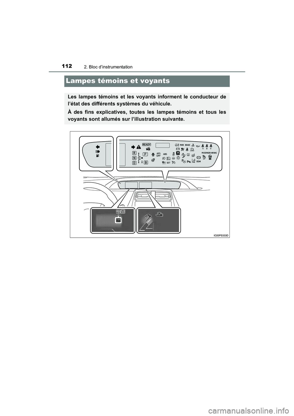 TOYOTA PRIUS 2019  Manuel du propriétaire (in French) 112
PRIUS_OM_OM47C35D_(D)
2. Bloc d’instrumentation
Lampes témoins et voyants
Les lampes témoins et les voyants informent le conducteur de
l’état des différents systèmes du véhicule.
À des 