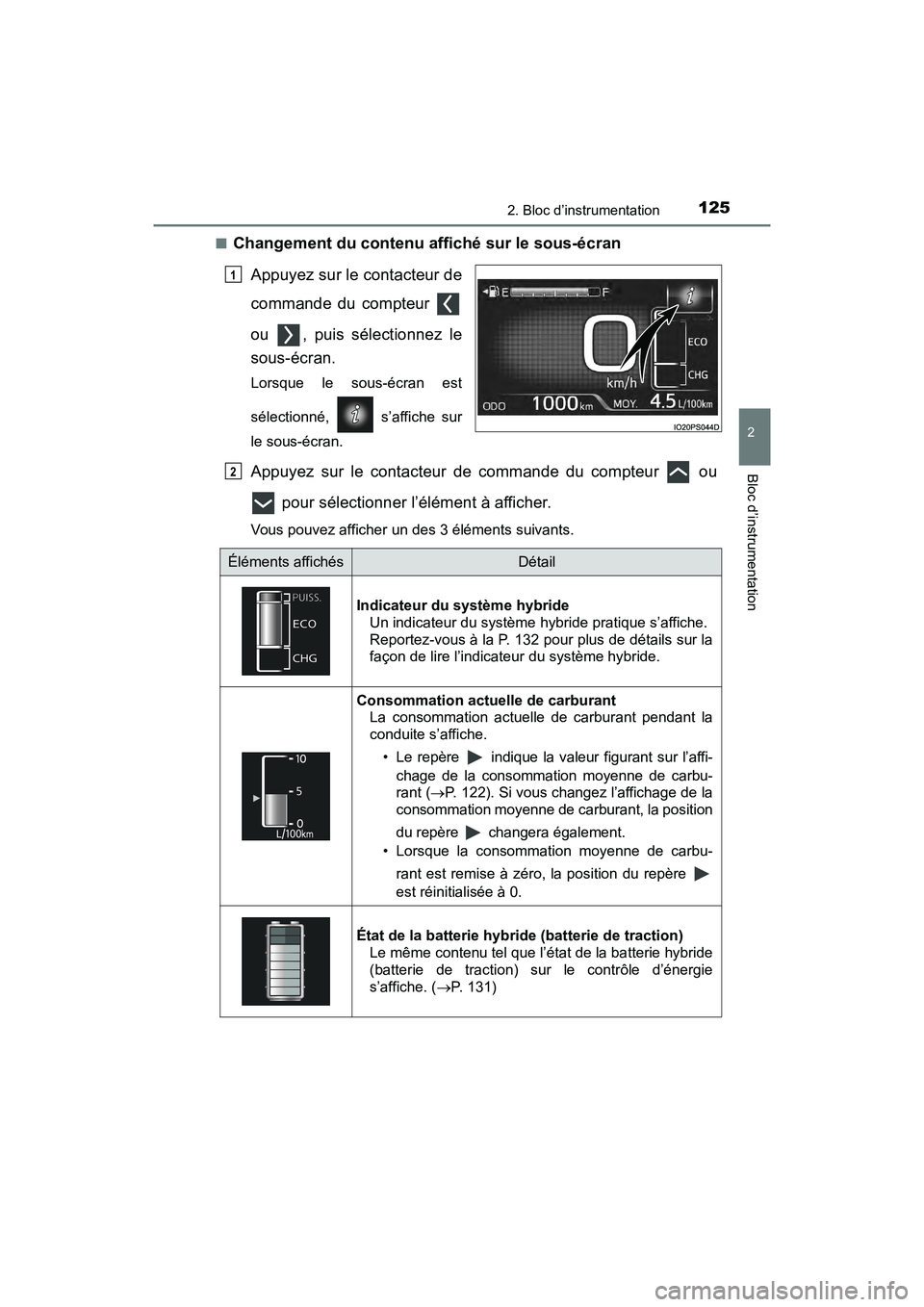 TOYOTA PRIUS 2019 Manuel du propriétaire (in French) PRIUS_OM_OM47C35D_(D)
1252. Bloc d’instrumentation
2
Bloc d’instrumentation
■Changement du contenu affiché sur le sous-écranAppuyez sur le contacteur de
commande du compteur
ou , puis sélec TOYOTA PRIUS 2019 Manuel du propriétaire (in French) PRIUS_OM_OM47C35D_(D)
1252. Bloc d’instrumentation
2
Bloc d’instrumentation
■Changement du contenu affiché sur le sous-écranAppuyez sur le contacteur de
commande du compteur
ou , puis sélec