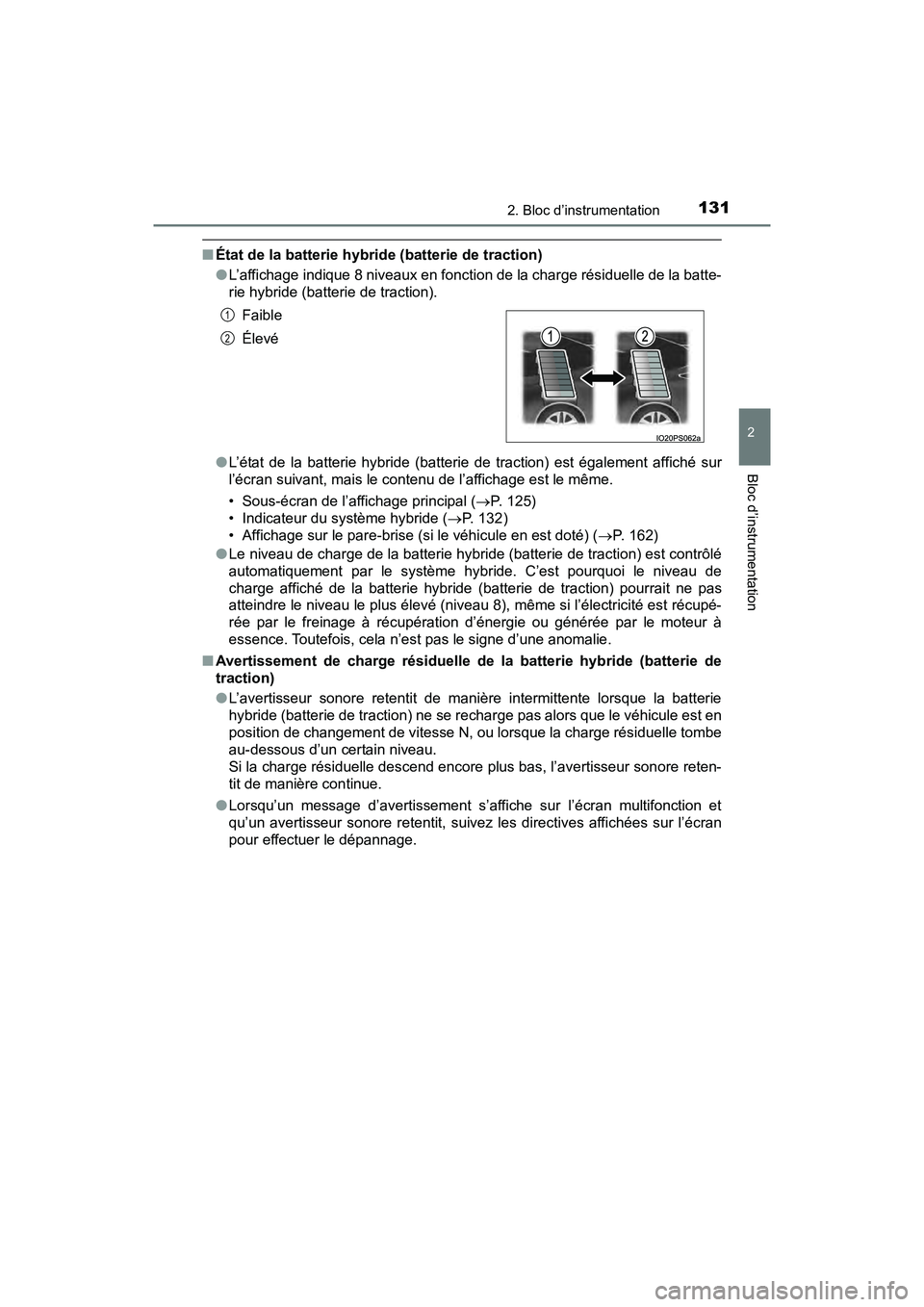 TOYOTA PRIUS 2019 Manuel du propriétaire (in French) PRIUS_OM_OM47C35D_(D)
1312. Bloc d’instrumentation
2
Bloc d’instrumentation
■État de la batterie hybride (batterie de traction)
●L’affichage indique 8 niveaux en fonction de la charge rési TOYOTA PRIUS 2019 Manuel du propriétaire (in French) PRIUS_OM_OM47C35D_(D)
1312. Bloc d’instrumentation
2
Bloc d’instrumentation
■État de la batterie hybride (batterie de traction)
●L’affichage indique 8 niveaux en fonction de la charge rési