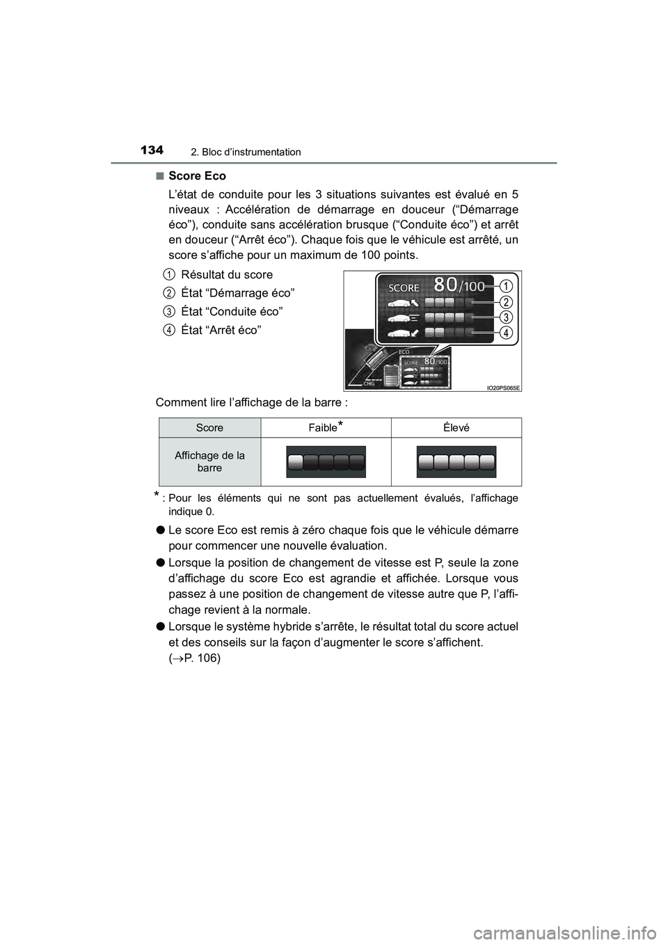 TOYOTA PRIUS 2019 Manuel du propriétaire (in French) 134
PRIUS_OM_OM47C35D_(D)
2. Bloc d’instrumentation
■Score Eco
L’état de conduite pour les 3 situations suivantes est évalué en 5
niveaux : Accélération de démarrage en douceur (“Démarr TOYOTA PRIUS 2019 Manuel du propriétaire (in French) 134
PRIUS_OM_OM47C35D_(D)
2. Bloc d’instrumentation
■Score Eco
L’état de conduite pour les 3 situations suivantes est évalué en 5
niveaux : Accélération de démarrage en douceur (“Démarr