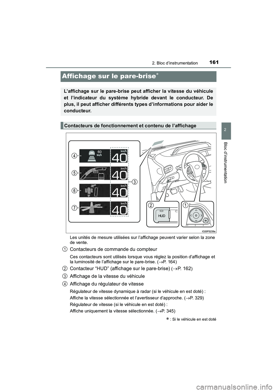 TOYOTA PRIUS 2019  Manuel du propriétaire (in French) 161
PRIUS_OM_OM47C35D_(D)
2. Bloc d’instrumentation
2
Bloc d’instrumentation
Affichage sur le pare-brise
Les unités de mesure utilisées sur l’affichage peuvent varier selon la zone
de vente
