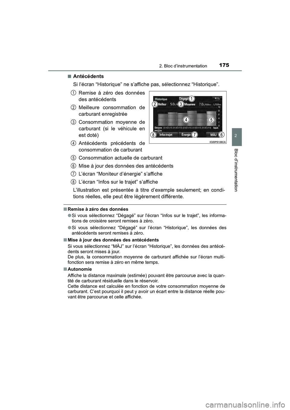 TOYOTA PRIUS 2019  Manuel du propriétaire (in French) PRIUS_OM_OM47C35D_(D)
1752. Bloc d’instrumentation
2
Bloc d’instrumentation
■Antécédents
Si l’écran “Historique” ne s’affiche pas, sélectionnez “Historique”.Remise à zéro des d