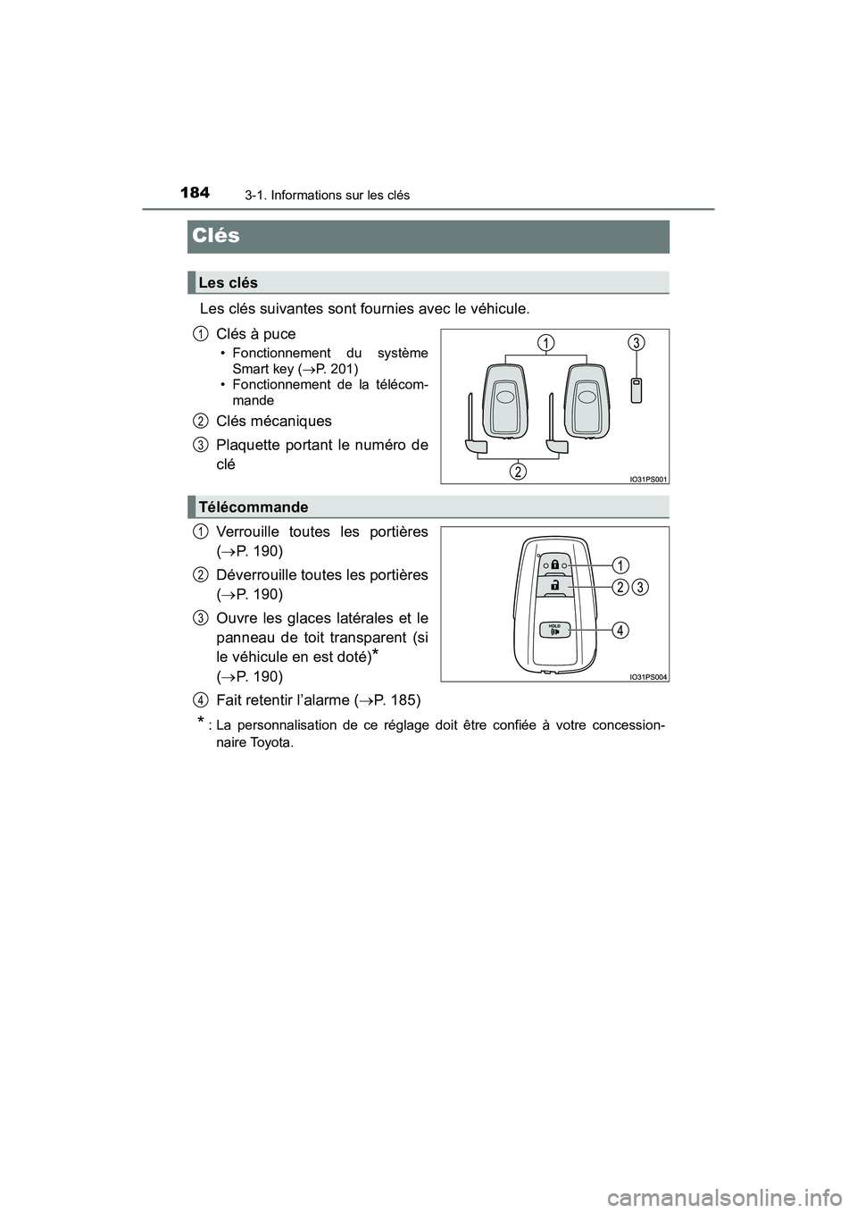 TOYOTA PRIUS 2019 Manuel du propriétaire (in French) 184
PRIUS_OM_OM47C35D_(D)
3-1. Informations sur les clés
Clés
Les clés suivantes sont fournies avec le véhicule.Clés à puce
• Fonctionnement du systèmeSmart key ( P. 201)
• Fonctionnemen TOYOTA PRIUS 2019 Manuel du propriétaire (in French) 184
PRIUS_OM_OM47C35D_(D)
3-1. Informations sur les clés
Clés
Les clés suivantes sont fournies avec le véhicule.Clés à puce
• Fonctionnement du systèmeSmart key ( P. 201)
• Fonctionnemen