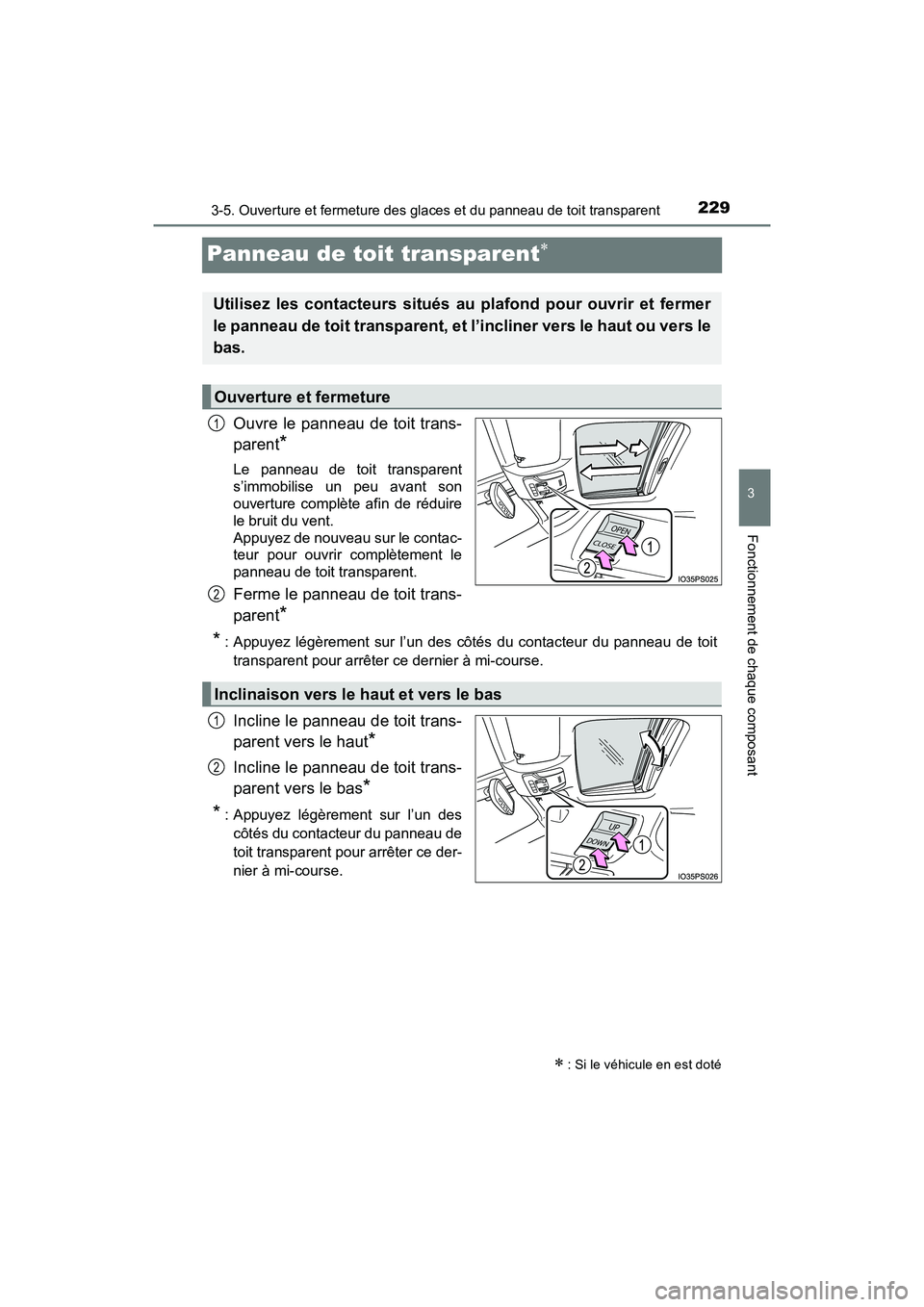 TOYOTA PRIUS 2019 Manuel du propriétaire (in French) 229
PRIUS_OM_OM47C35D_(D)
3-5. Ouverture et fermeture des glaces et du panneau de toit transparent
3
Fonctionnement de chaque composant
Panneau de toit transparent
Ouvre le panneau de toit trans-
p TOYOTA PRIUS 2019 Manuel du propriétaire (in French) 229
PRIUS_OM_OM47C35D_(D)
3-5. Ouverture et fermeture des glaces et du panneau de toit transparent
3
Fonctionnement de chaque composant
Panneau de toit transparent
Ouvre le panneau de toit trans-
p