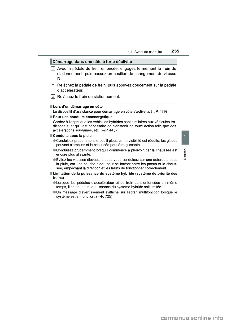 TOYOTA PRIUS 2019 Manuel du propriétaire (in French) PRIUS_OM_OM47C35D_(D)
2354-1. Avant de conduire
4
Conduite
Avec la pédale de frein enfoncée, engagez fermement le frein de
stationnement, puis passez en position de changement de vitesse
D.
Relâche TOYOTA PRIUS 2019 Manuel du propriétaire (in French) PRIUS_OM_OM47C35D_(D)
2354-1. Avant de conduire
4
Conduite
Avec la pédale de frein enfoncée, engagez fermement le frein de
stationnement, puis passez en position de changement de vitesse
D.
Relâche
