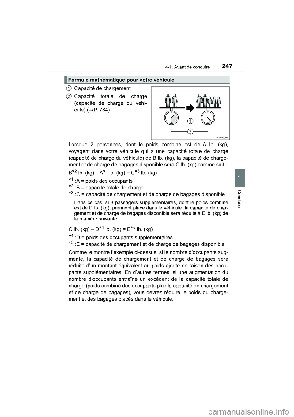 TOYOTA PRIUS 2019 Manuel du propriétaire (in French) PRIUS_OM_OM47C35D_(D)
2474-1. Avant de conduire
4
Conduite
Capacité de chargement
Capacité totale de charge
(capacité de charge du véhi-
cule) (P. 784)
Lorsque 2 personnes, dont le poids combin TOYOTA PRIUS 2019 Manuel du propriétaire (in French) PRIUS_OM_OM47C35D_(D)
2474-1. Avant de conduire
4
Conduite
Capacité de chargement
Capacité totale de charge
(capacité de charge du véhi-
cule) (P. 784)
Lorsque 2 personnes, dont le poids combin