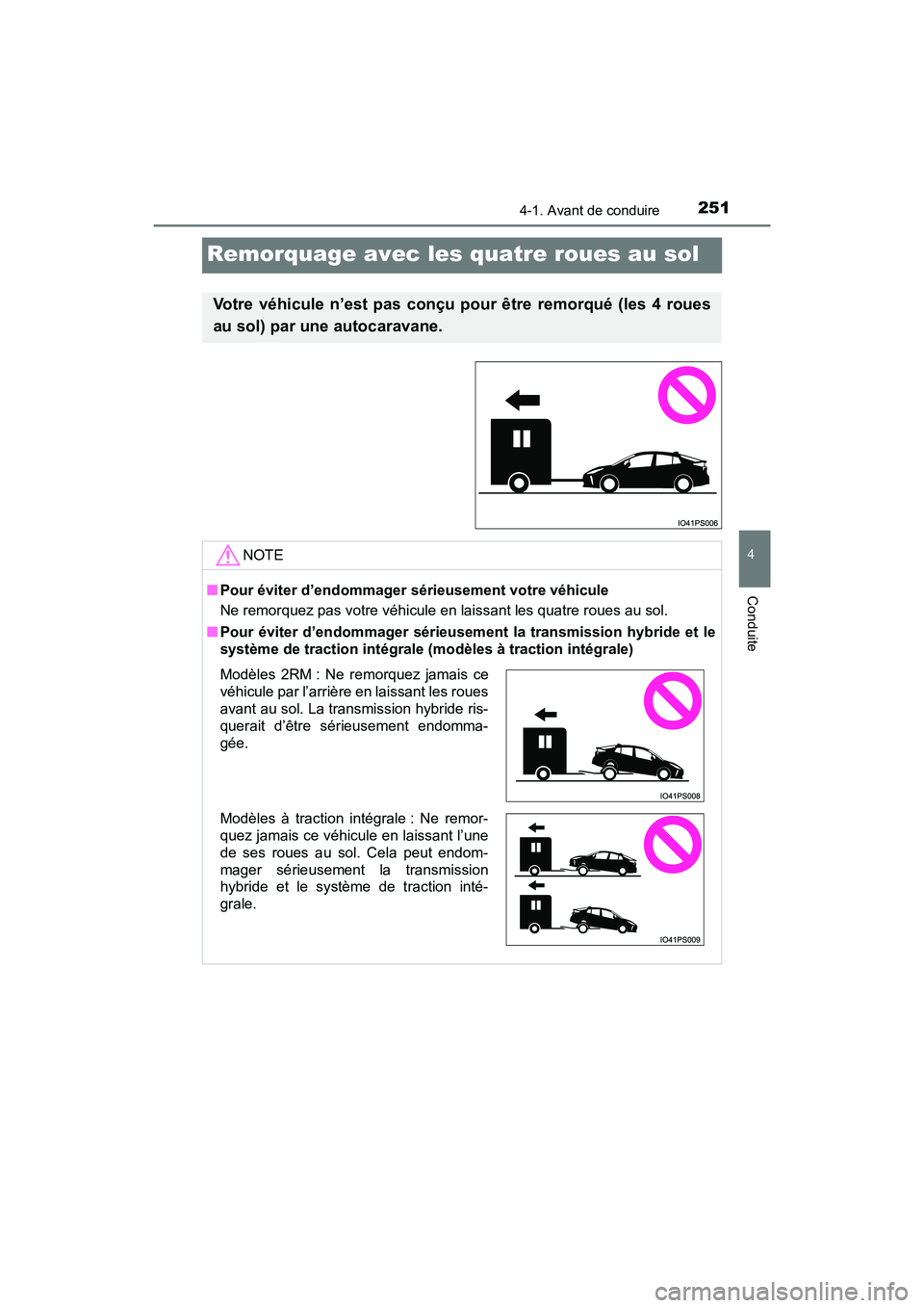 TOYOTA PRIUS 2019 Manuel du propriétaire (in French) 251
PRIUS_OM_OM47C35D_(D)
4-1. Avant de conduire
4
Conduite
Remorquage avec les quatre roues au sol
Votre véhicule n’est pas conçu pour être remorqué (les 4 roues
au sol) par une autocaravane.
TOYOTA PRIUS 2019 Manuel du propriétaire (in French) 251
PRIUS_OM_OM47C35D_(D)
4-1. Avant de conduire
4
Conduite
Remorquage avec les quatre roues au sol
Votre véhicule n’est pas conçu pour être remorqué (les 4 roues
au sol) par une autocaravane.