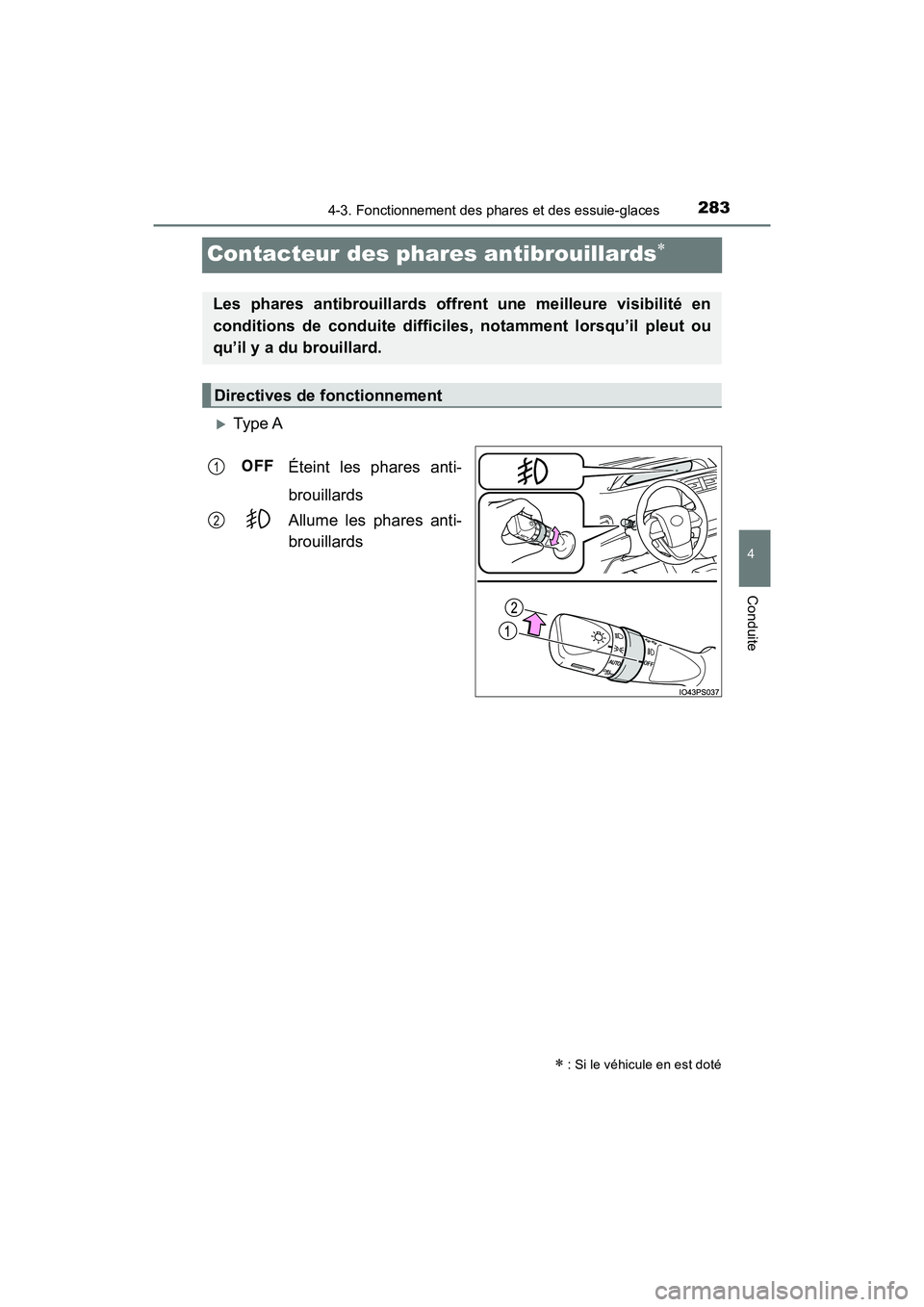 TOYOTA PRIUS 2019  Manuel du propriétaire (in French) 283
PRIUS_OM_OM47C35D_(D)
4-3. Fonctionnement des phares et des essuie-glaces
4
Conduite
Contacteur des phares antibrouillards
Type AÉteint les phares anti-
brouillards
Allume les phares anti-
