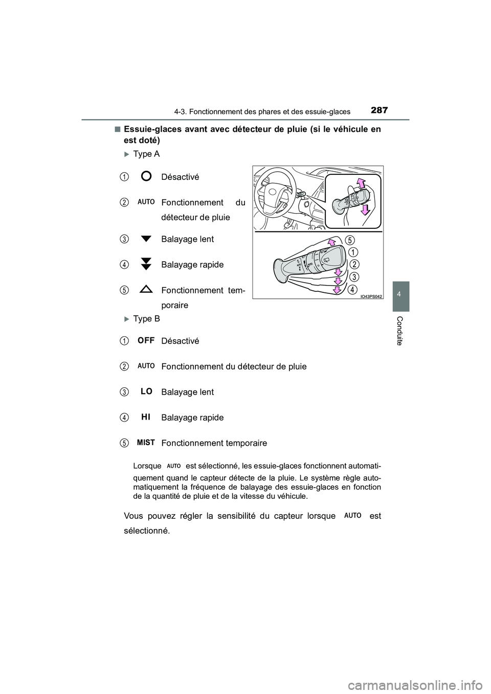 TOYOTA PRIUS 2019  Manuel du propriétaire (in French) PRIUS_OM_OM47C35D_(D)
2874-3. Fonctionnement des phares et des essuie-glaces
4
Conduite
■Essuie-glaces avant avec détecteur de pluie (si le véhicule en
est doté)
Ty pe  ADésactivé
Fonctionne