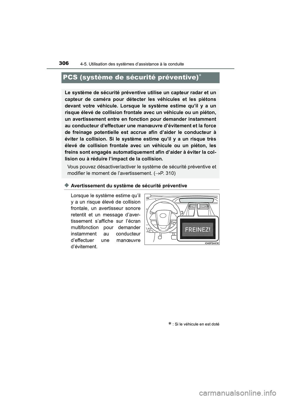 TOYOTA PRIUS 2019 Manuel du propriétaire (in French) 306
PRIUS_OM_OM47C35D_(D)
4-5. Utilisation des systèmes d’assistance à la conduite
PCS (système de sécurité préventive)
◆Avertissement du système de sécurité préventive
Lorsque le sys TOYOTA PRIUS 2019 Manuel du propriétaire (in French) 306
PRIUS_OM_OM47C35D_(D)
4-5. Utilisation des systèmes d’assistance à la conduite
PCS (système de sécurité préventive)
◆Avertissement du système de sécurité préventive
Lorsque le sys